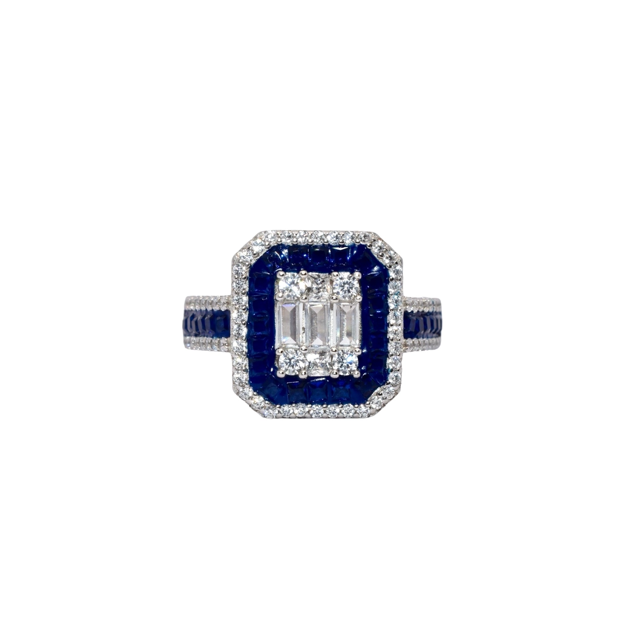 Double Halo Sapphire Coloured  Emerald Cut Ring