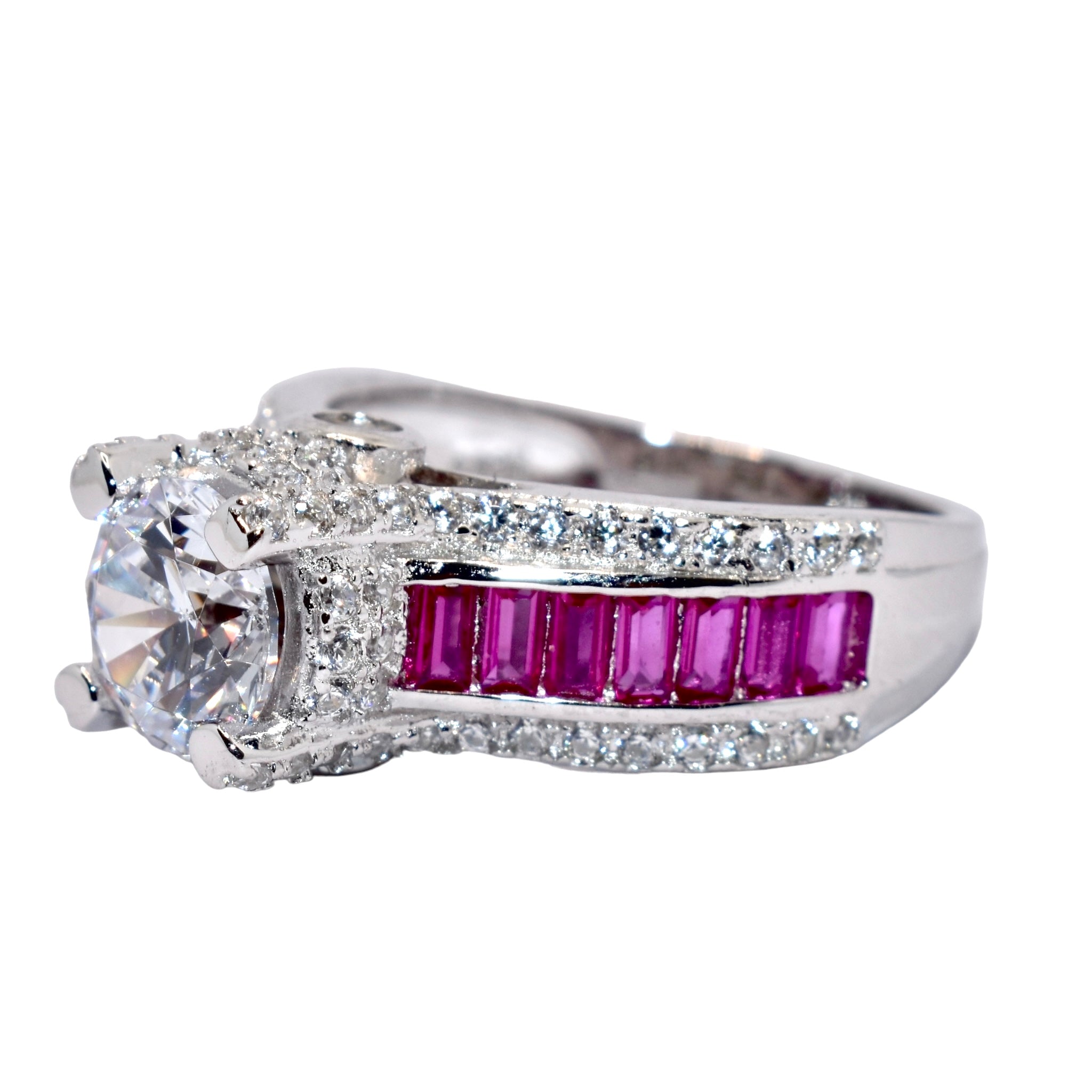 Ruby Coloured Solitaire Baguette Ring