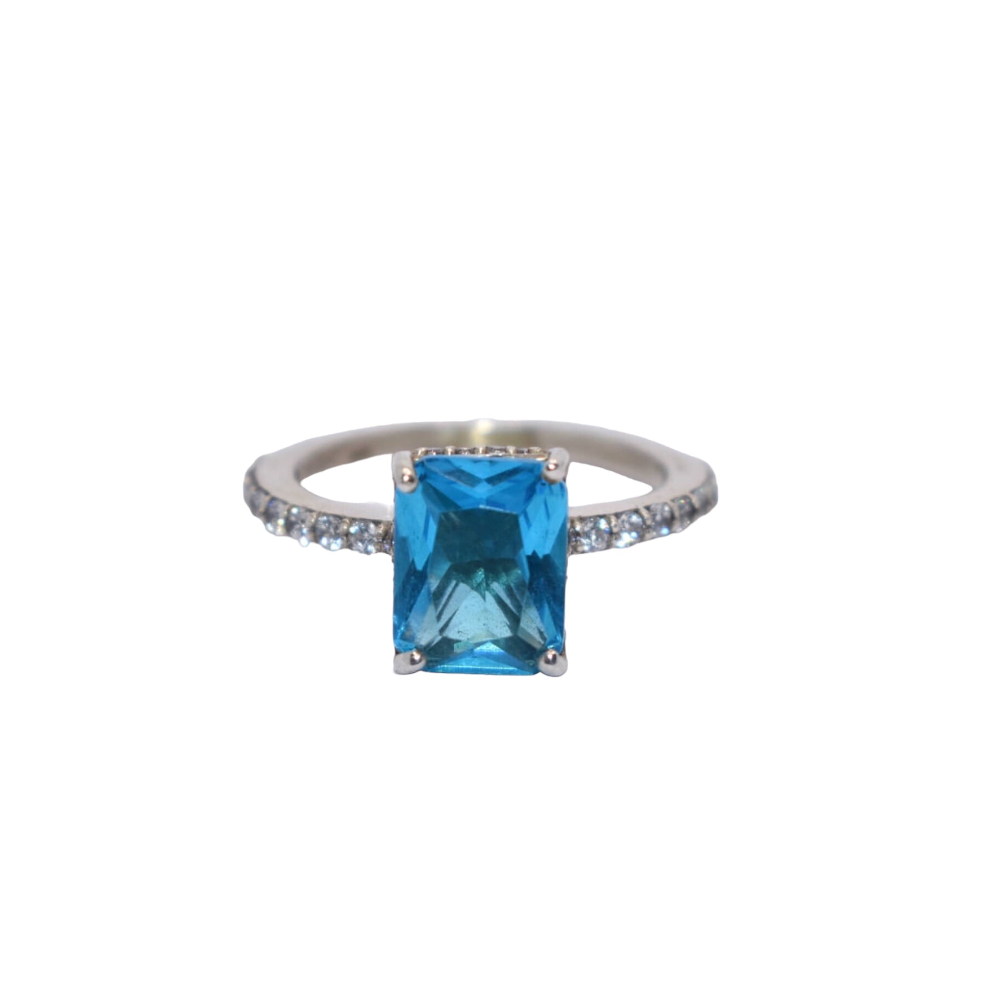 Aquamarine Coloured Emerald Cut Ring