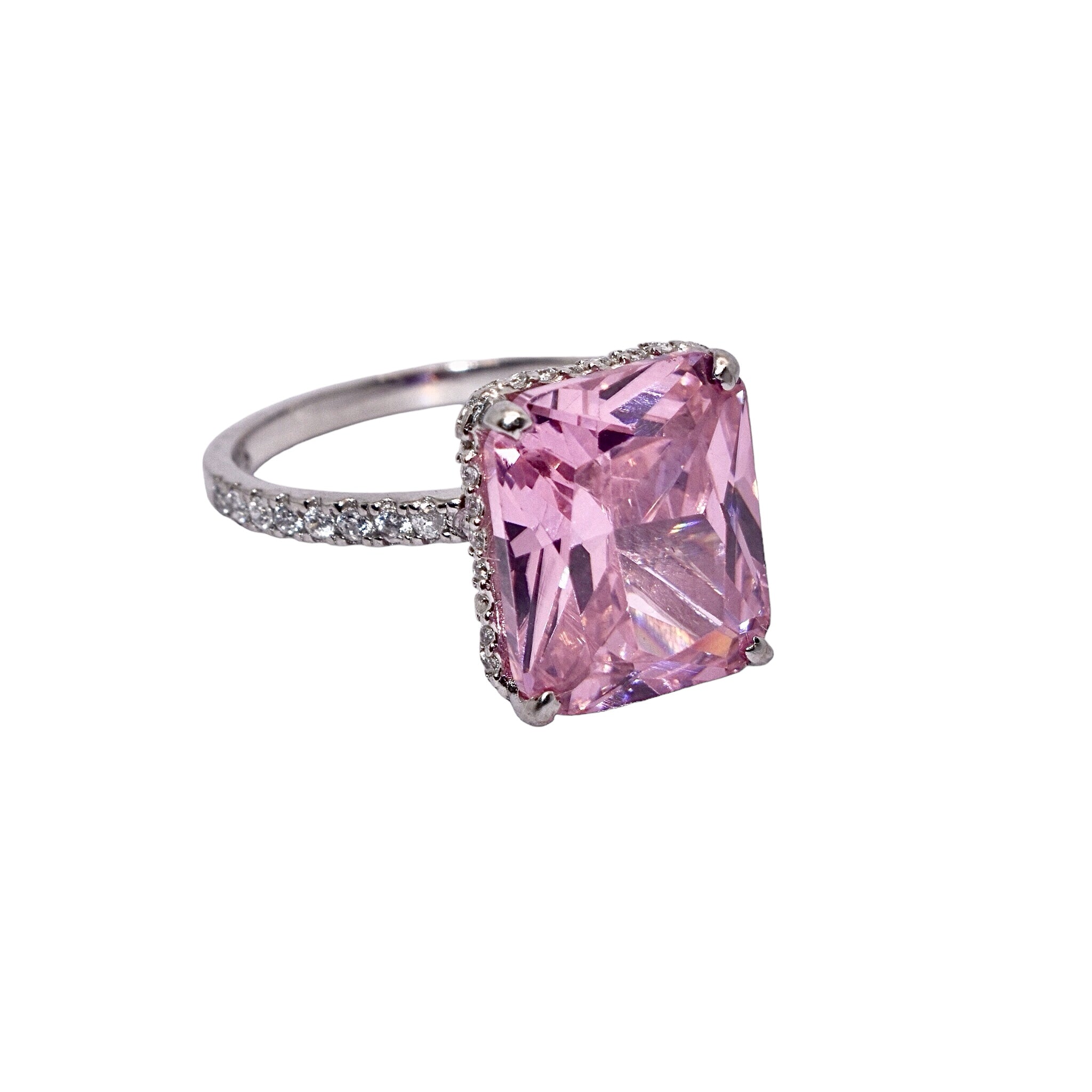 Pink Coloured Emerald Cut Ring