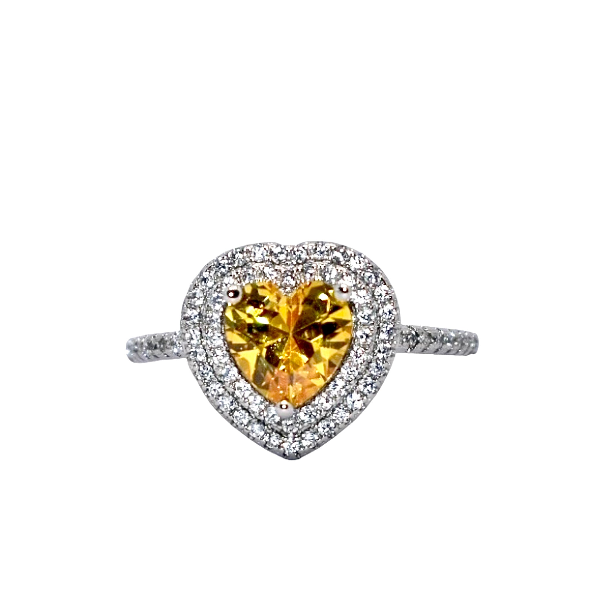 Double Halo Heart Shape Yellow Coloured Ring