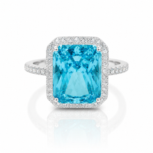 Halo Aquamarine Coloured Emerald Cut Ring