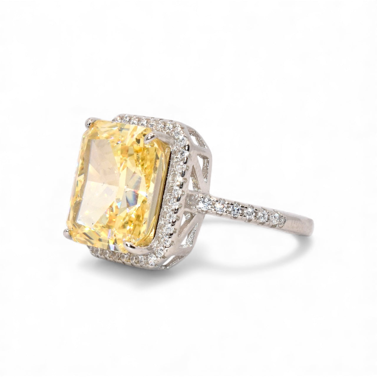 Halo Emerald Cut Yellow Coloured Ice Stone Ring