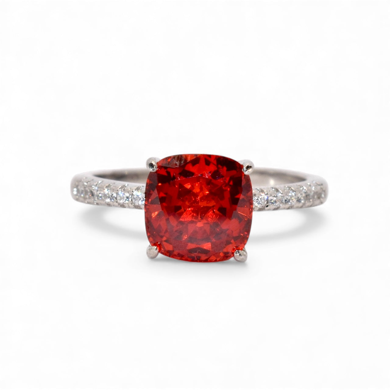 Ruby Coloured Ice Stone Cushion Cut Ring