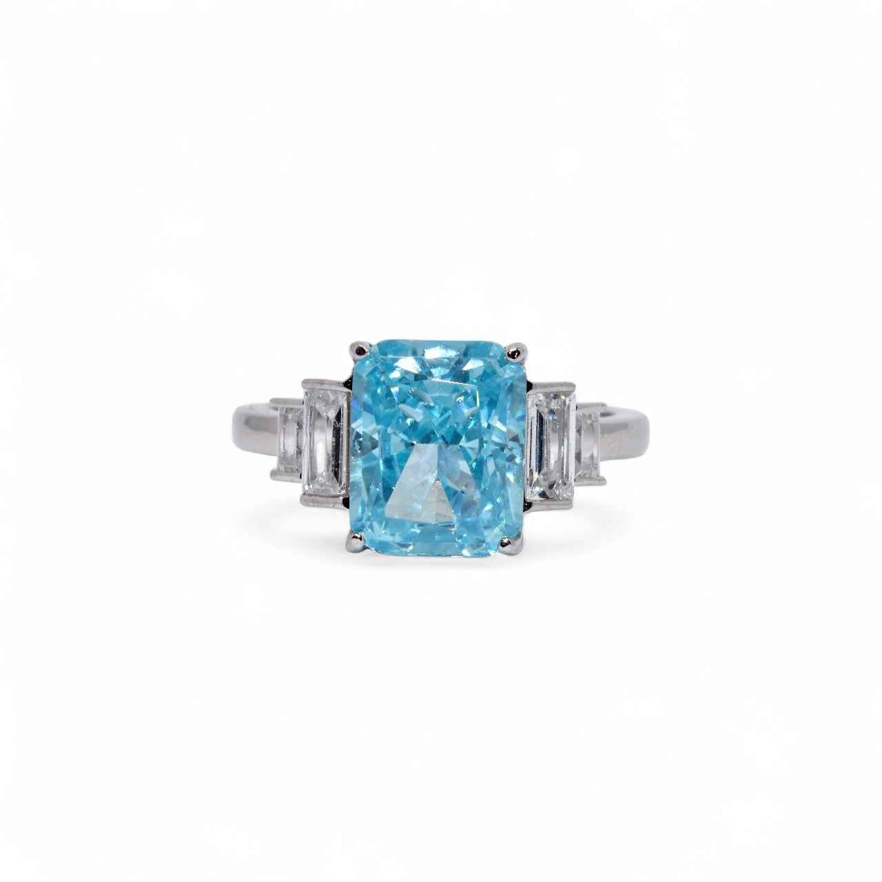 Ice Cut Aquamarine Coloured Emerald Cut Ring