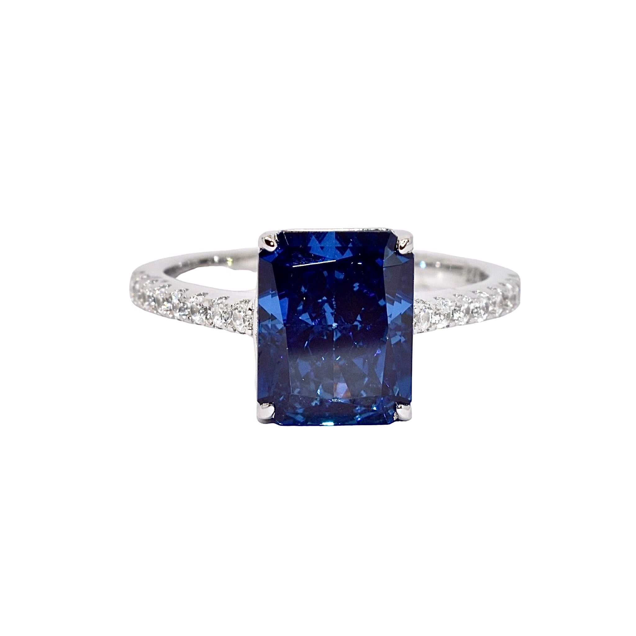 Sapphire Coloured Emerald Cut Ice Stone Ring