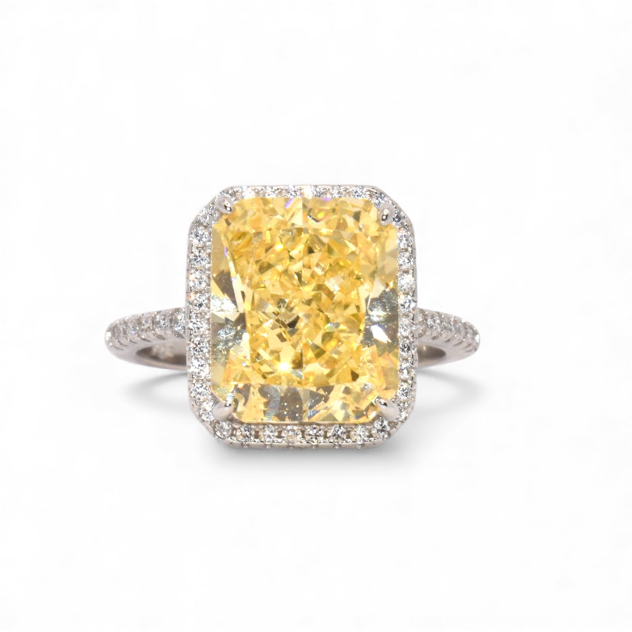 Halo Emerald Cut Yellow Coloured Ice Stone Ring