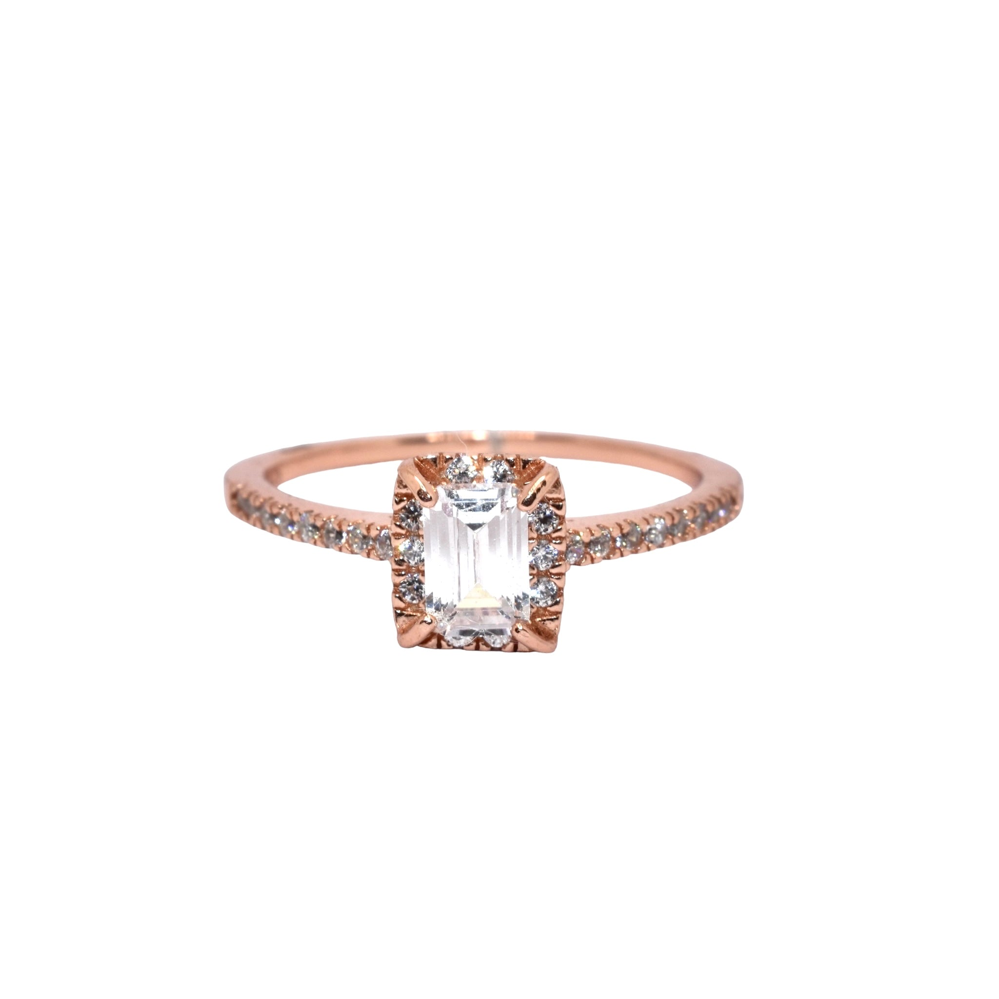 Rose Gold Emerald Cut Halo Ring