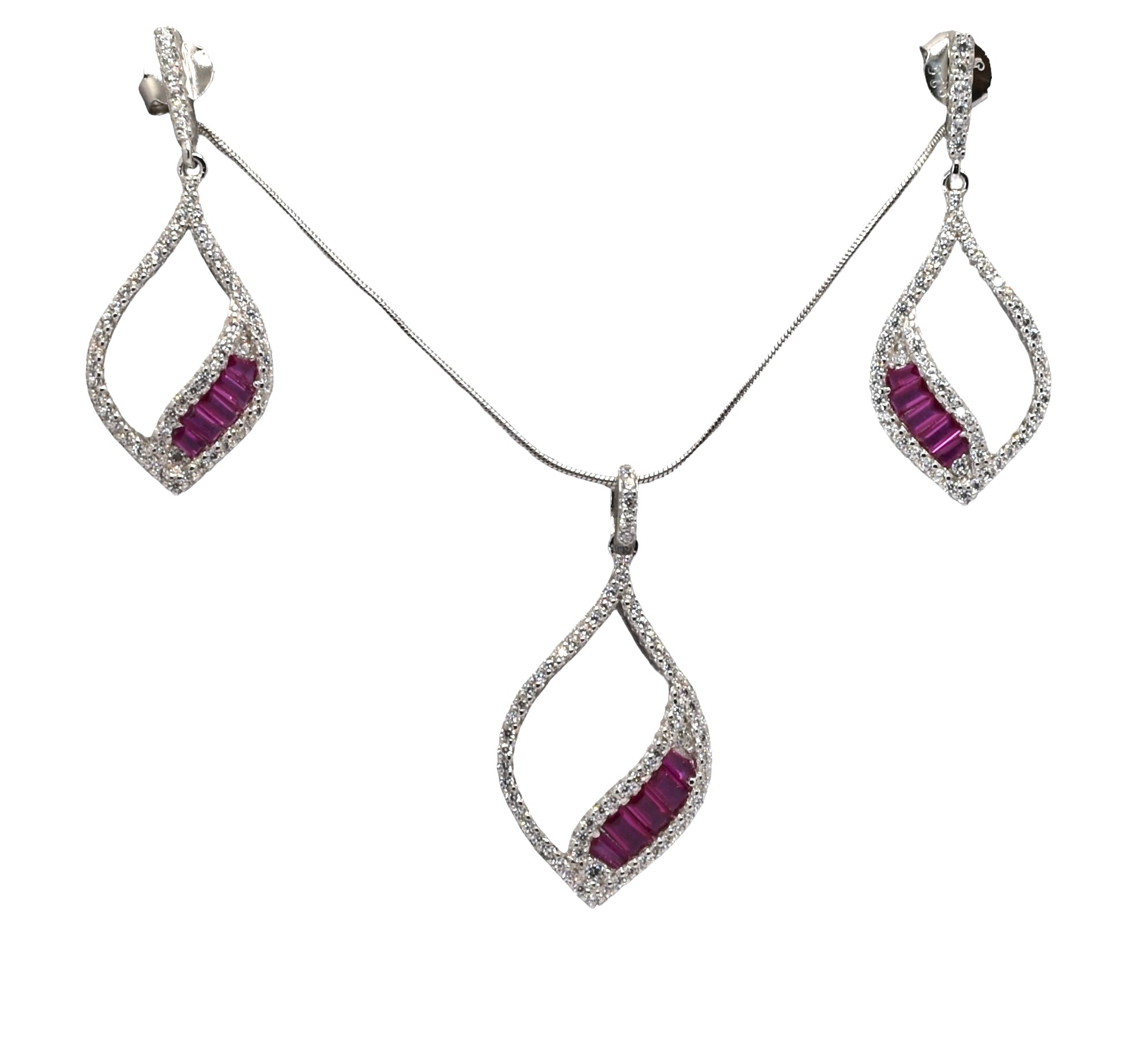 Ruby Coloured Baguette Necklace With Earring