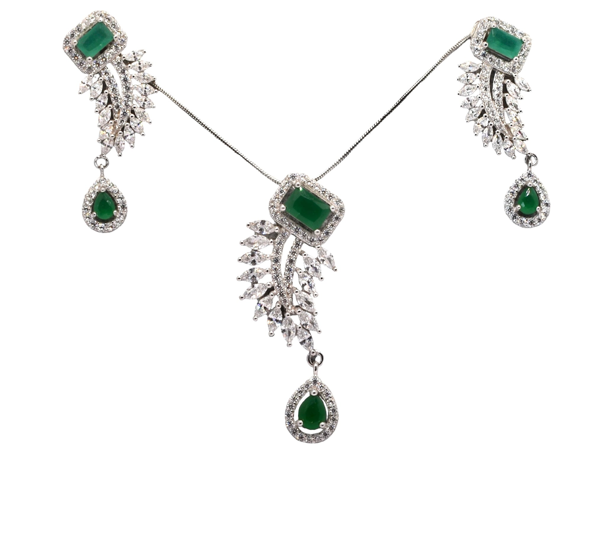 Halo Emerald Coloured Necklace With Earring