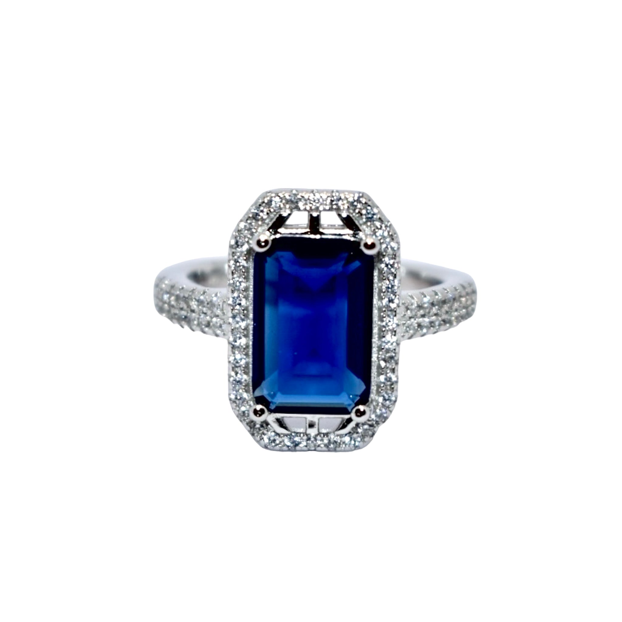 Halo Sapphire Coloured Emerald Cut Ring