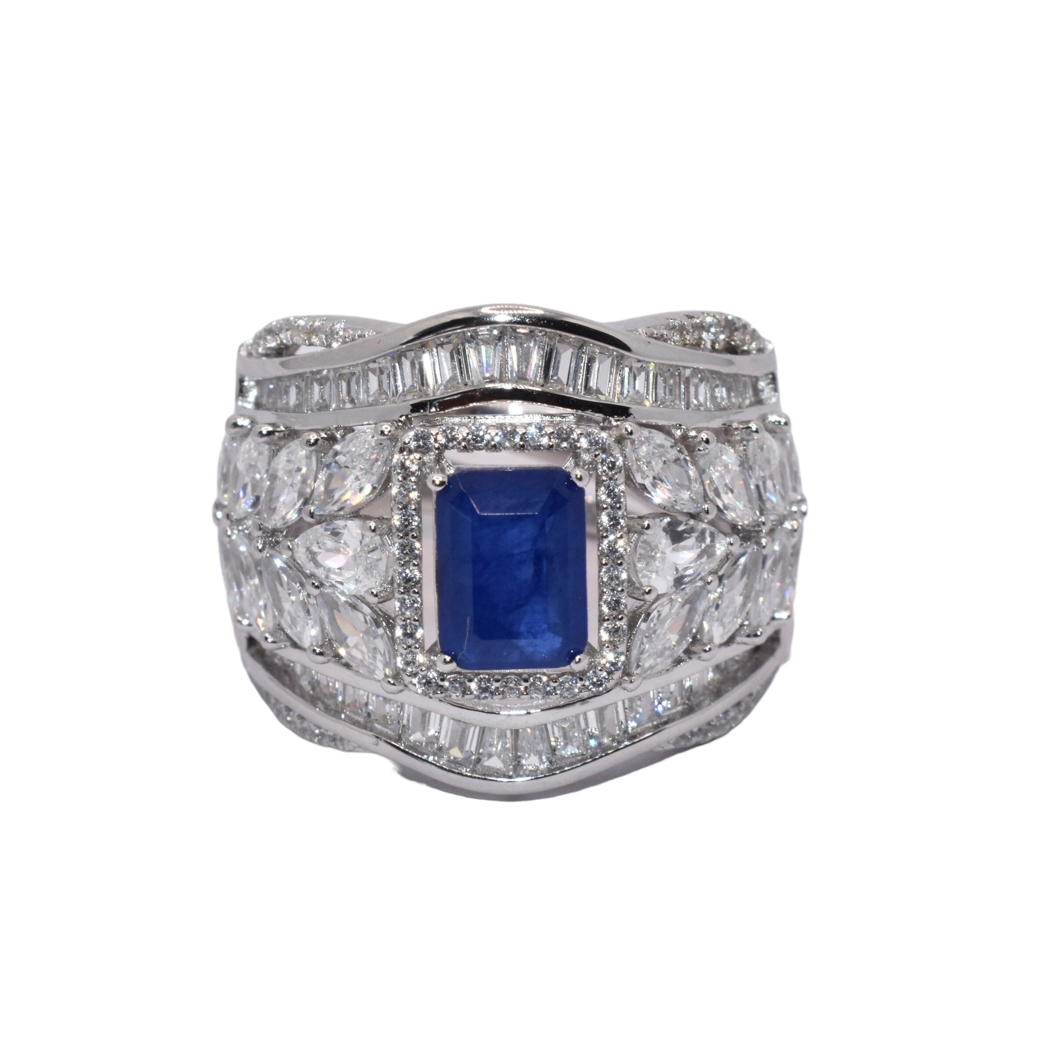 Adjustable Sapphire Coloured Emerald Cut Cocktail Ring