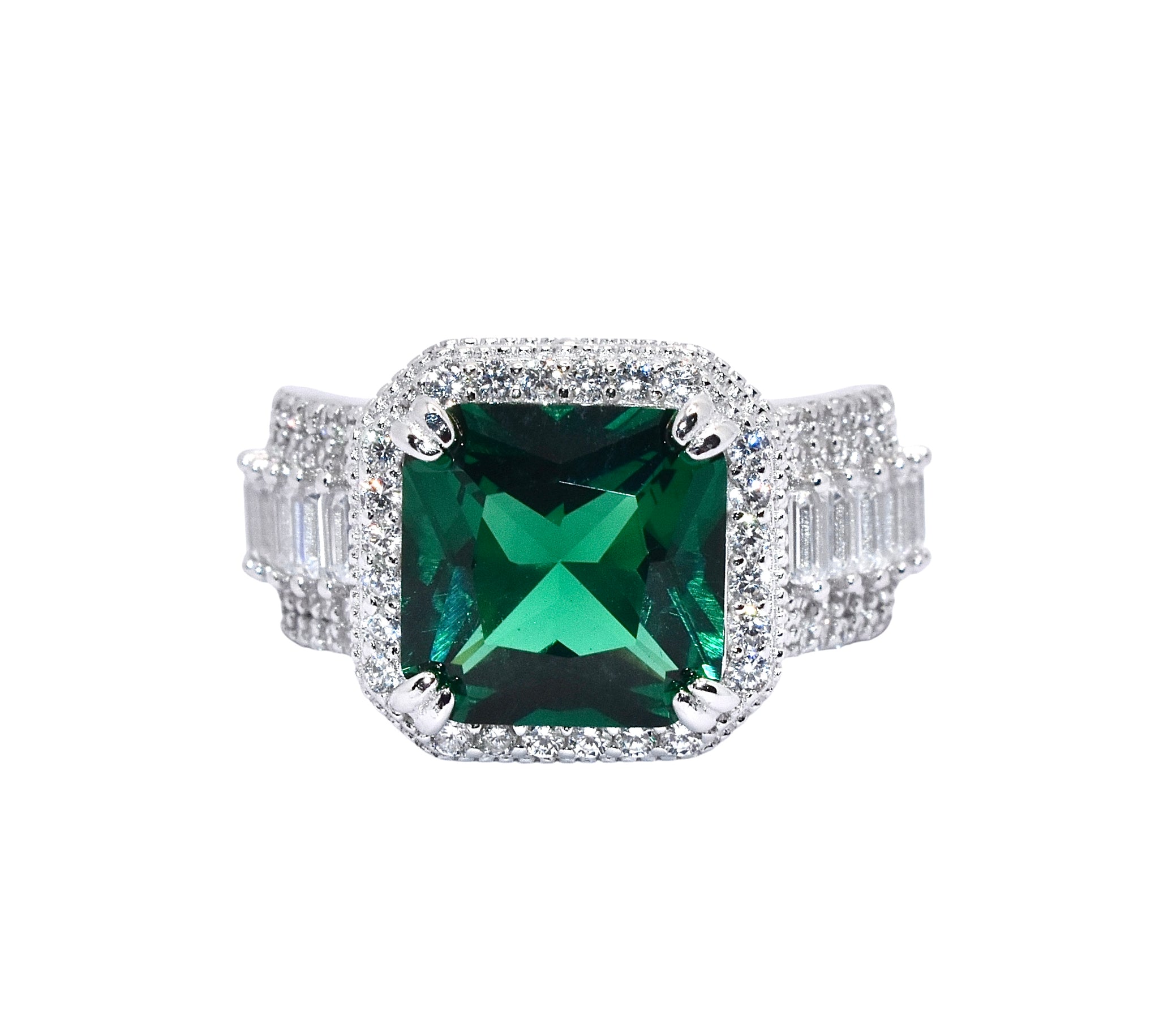 Emerald Coloured Cushion Baguette Ring