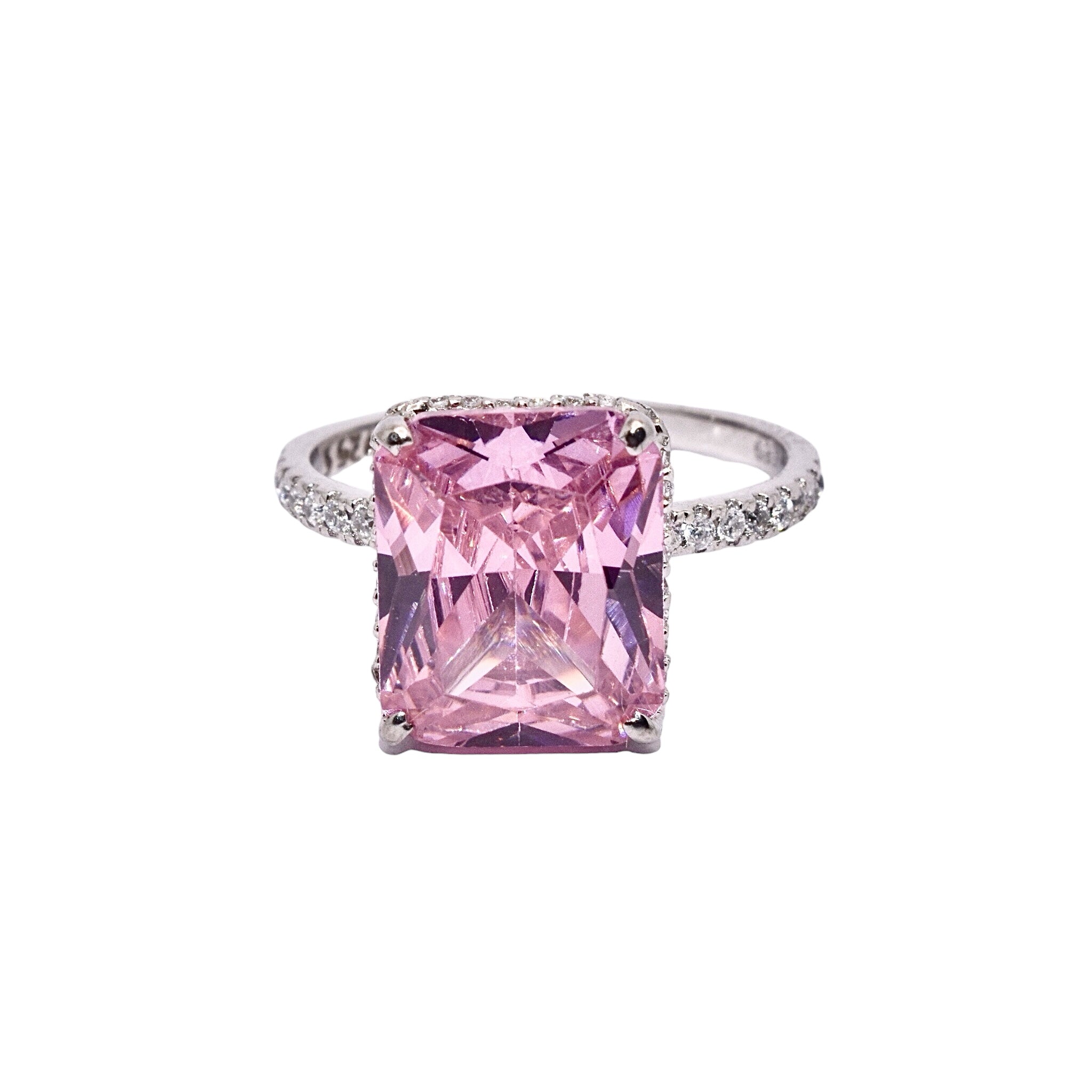 Pink Coloured Emerald Cut Ring