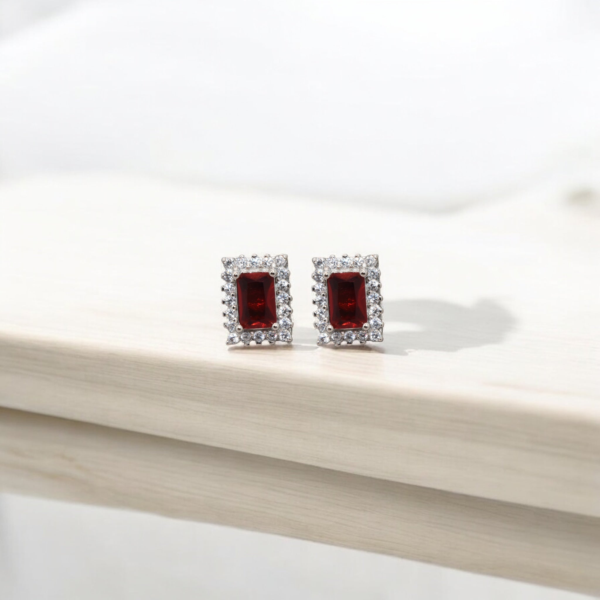 Halo Ruby Coloured Emerald Cut Studs