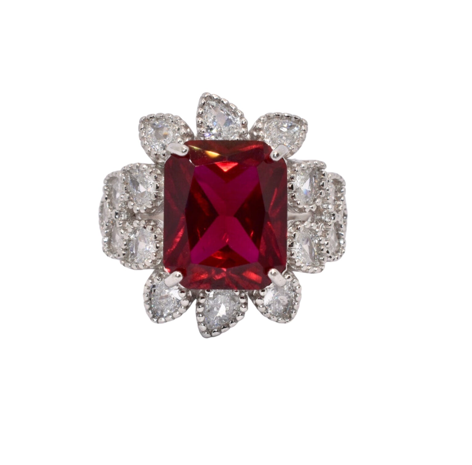 Ruby Coloured Emerald Cut Ring