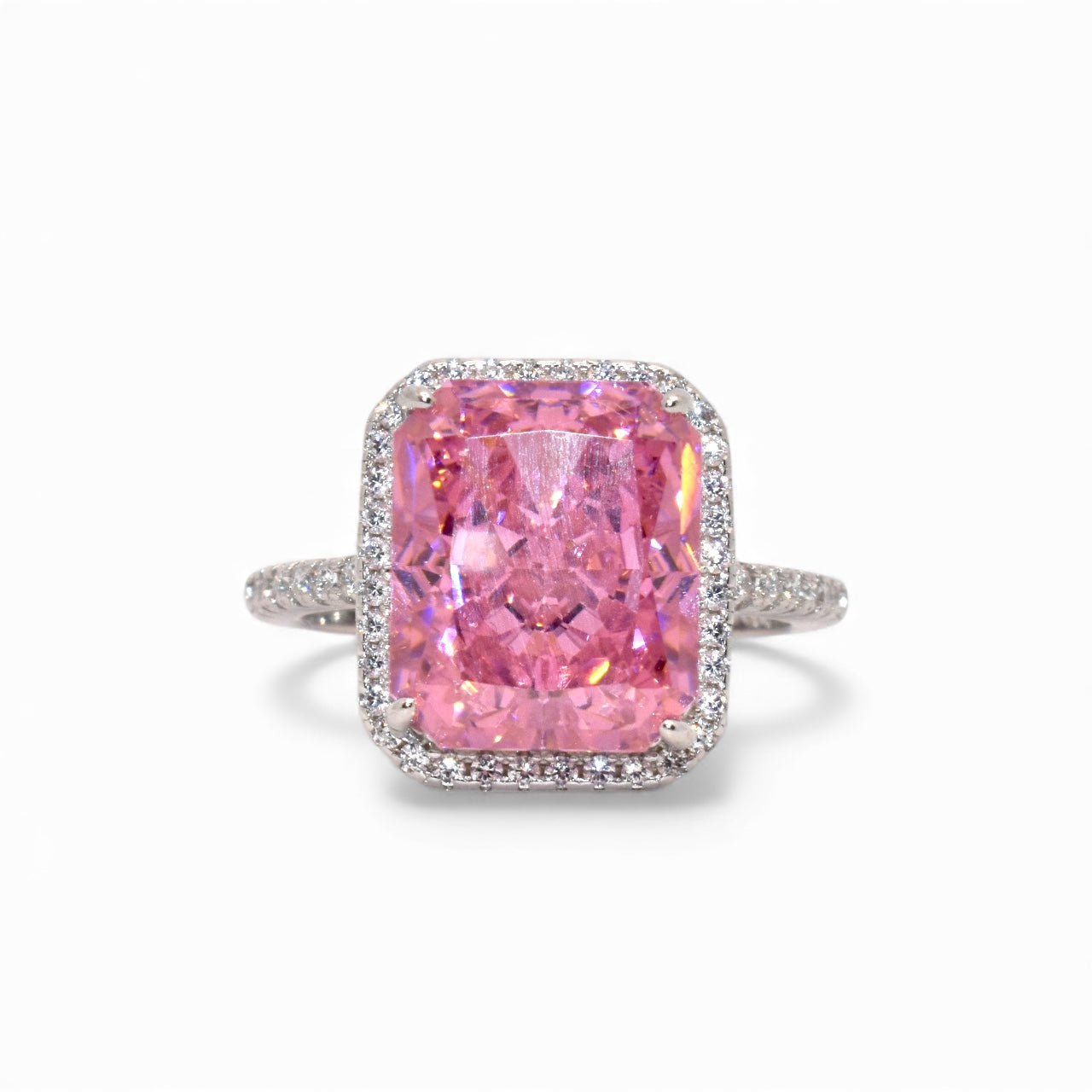 Halo Emerald Cut Pink Coloured Ice Stone Ring