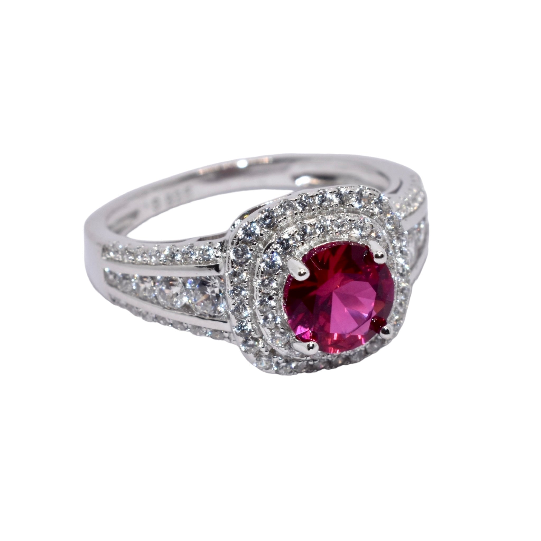 Double Halo Ruby Coloured Solitaire Ring