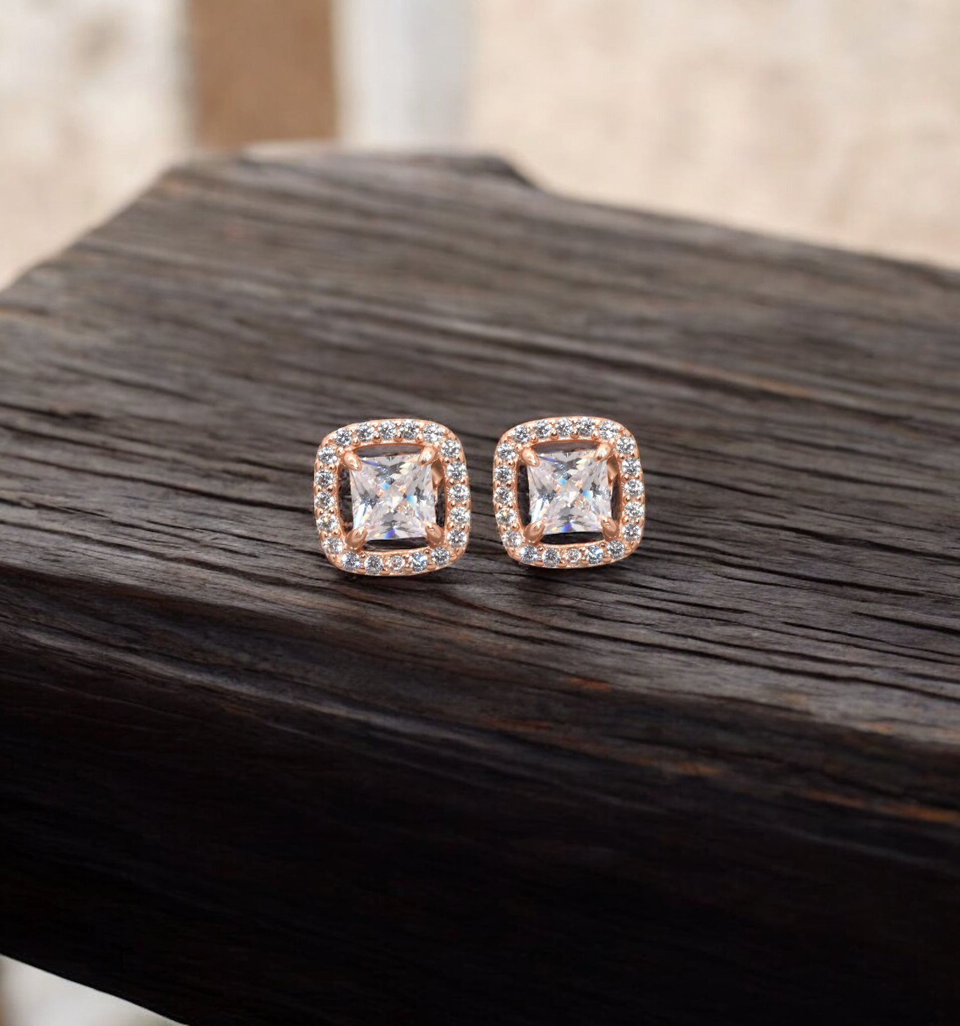 Rose Gold Halo Cushion Cut Studs