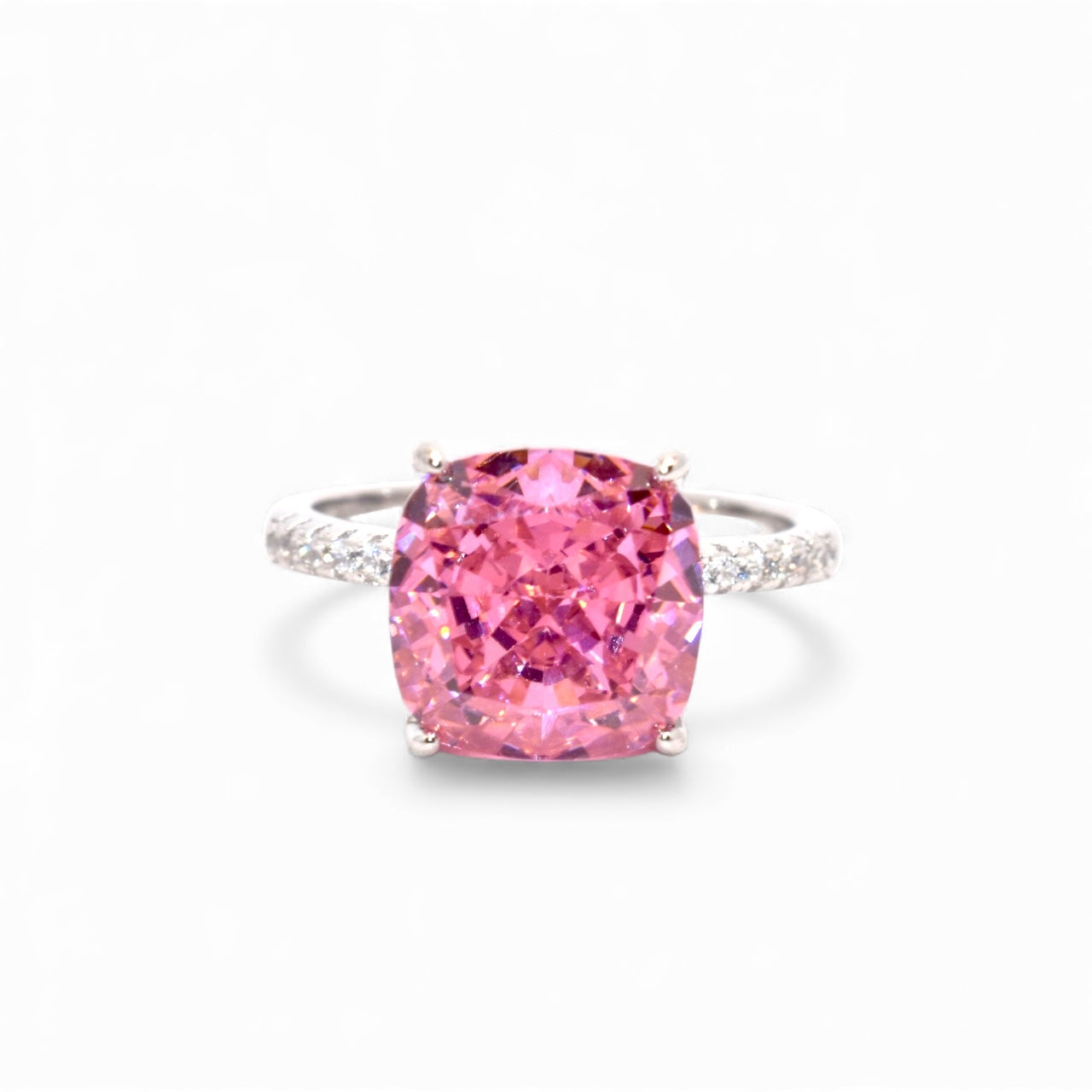 Pink Coloured Ice Stone Cushion Cut Ring