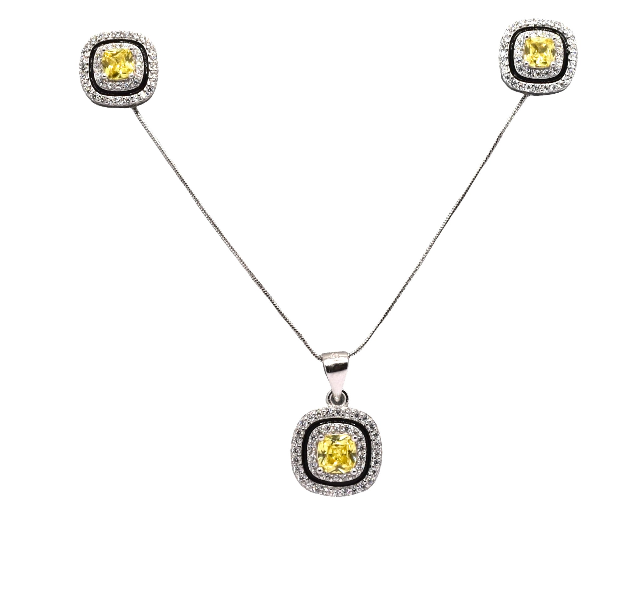 Yellow Coloured Halo Cushion Cut Necklace With Earring