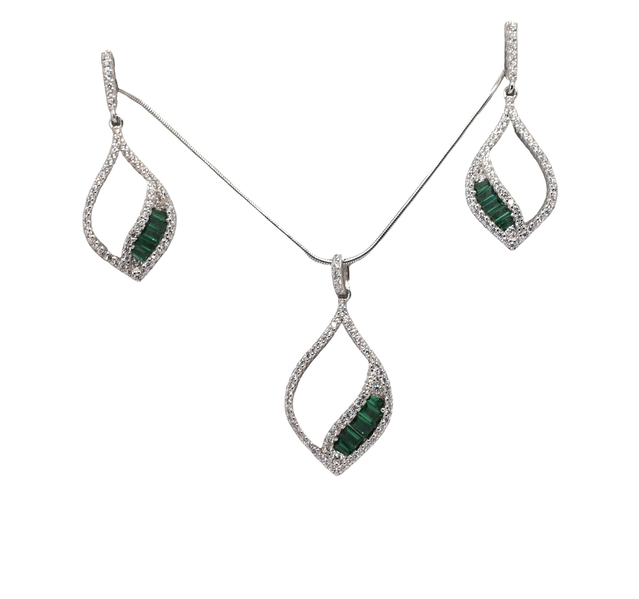 Emerald Coloured Baguette Necklace With Earring