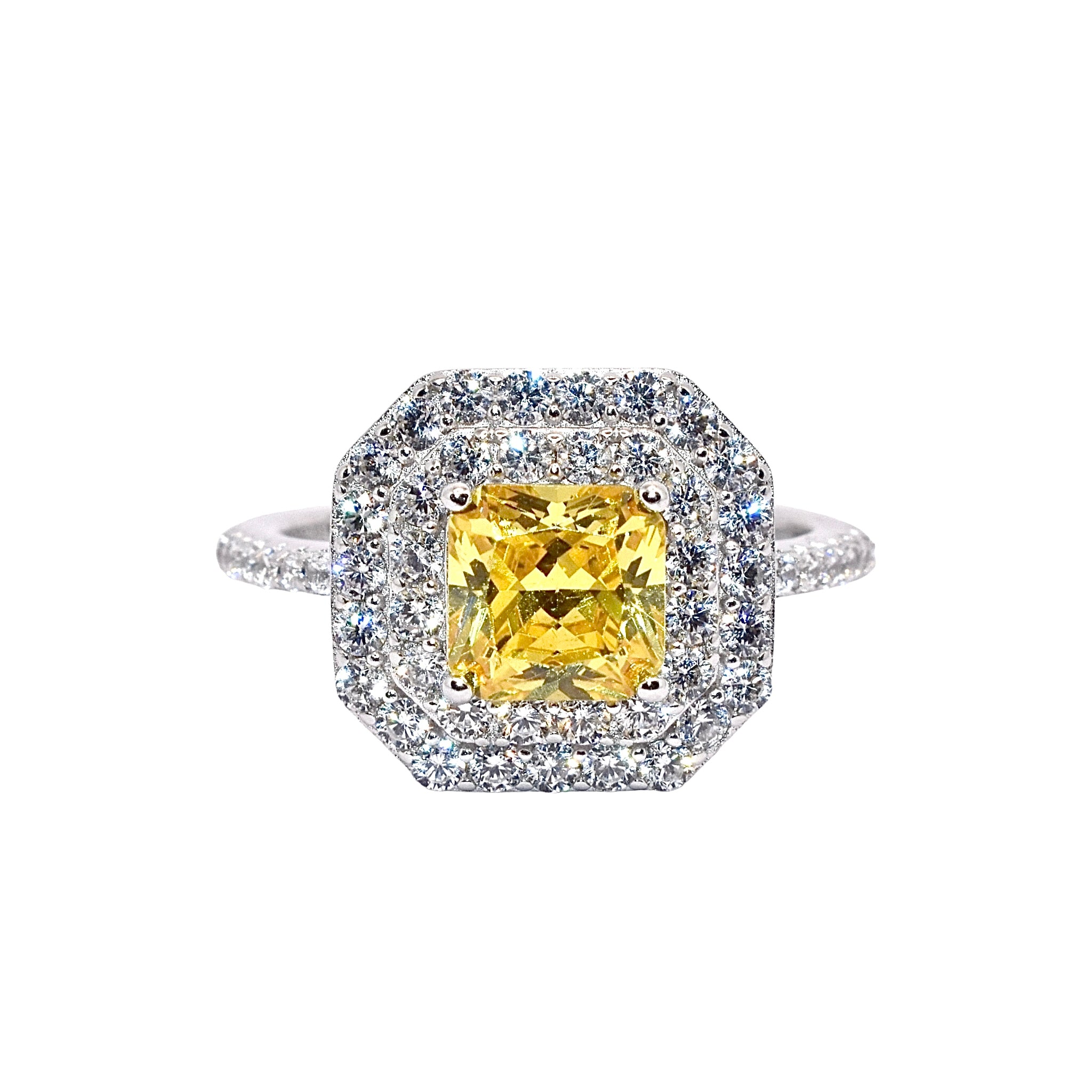 Double Halo Yellow Coloured Cushion Cut Ring