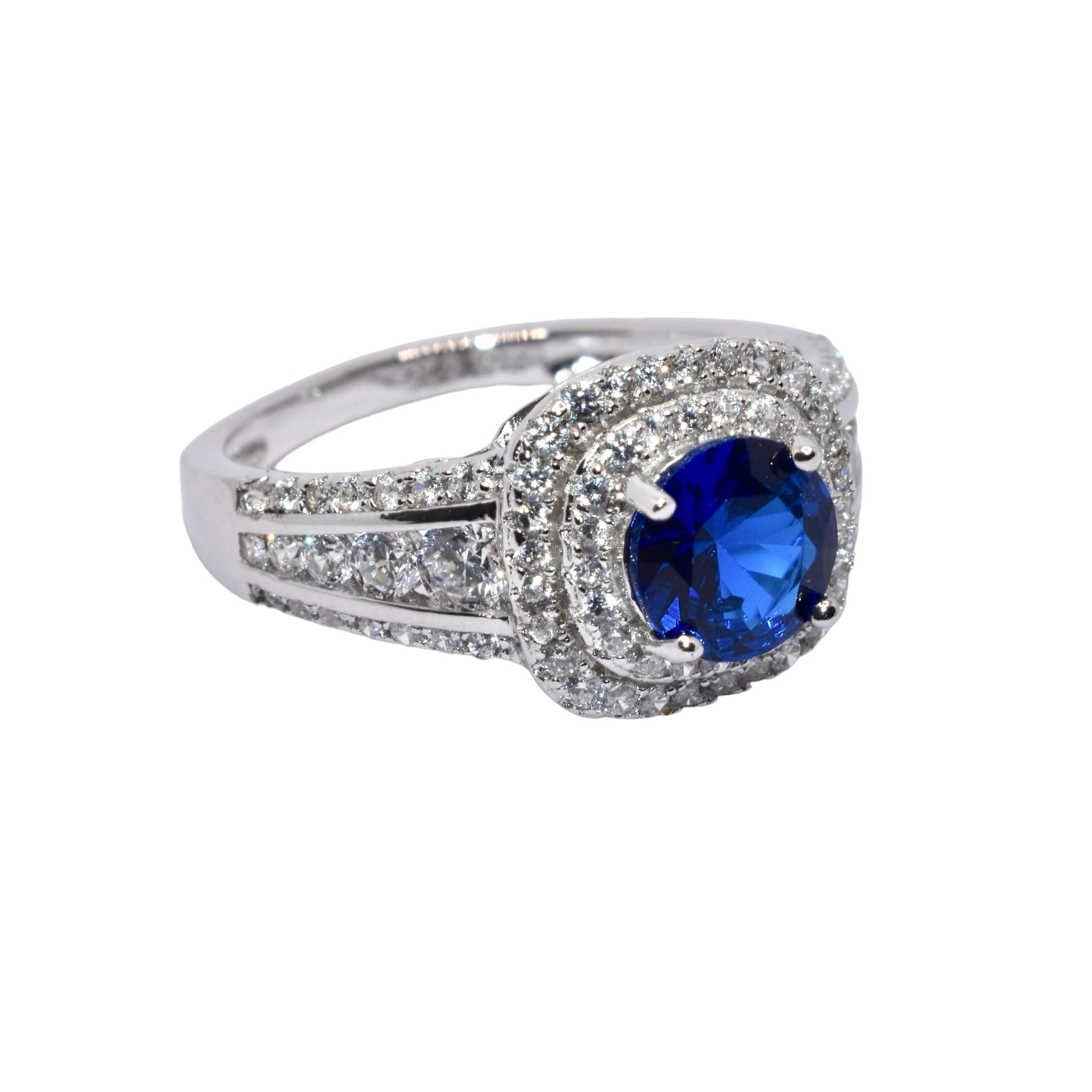 Double Halo Sapphire Coloured Solitaire Ring