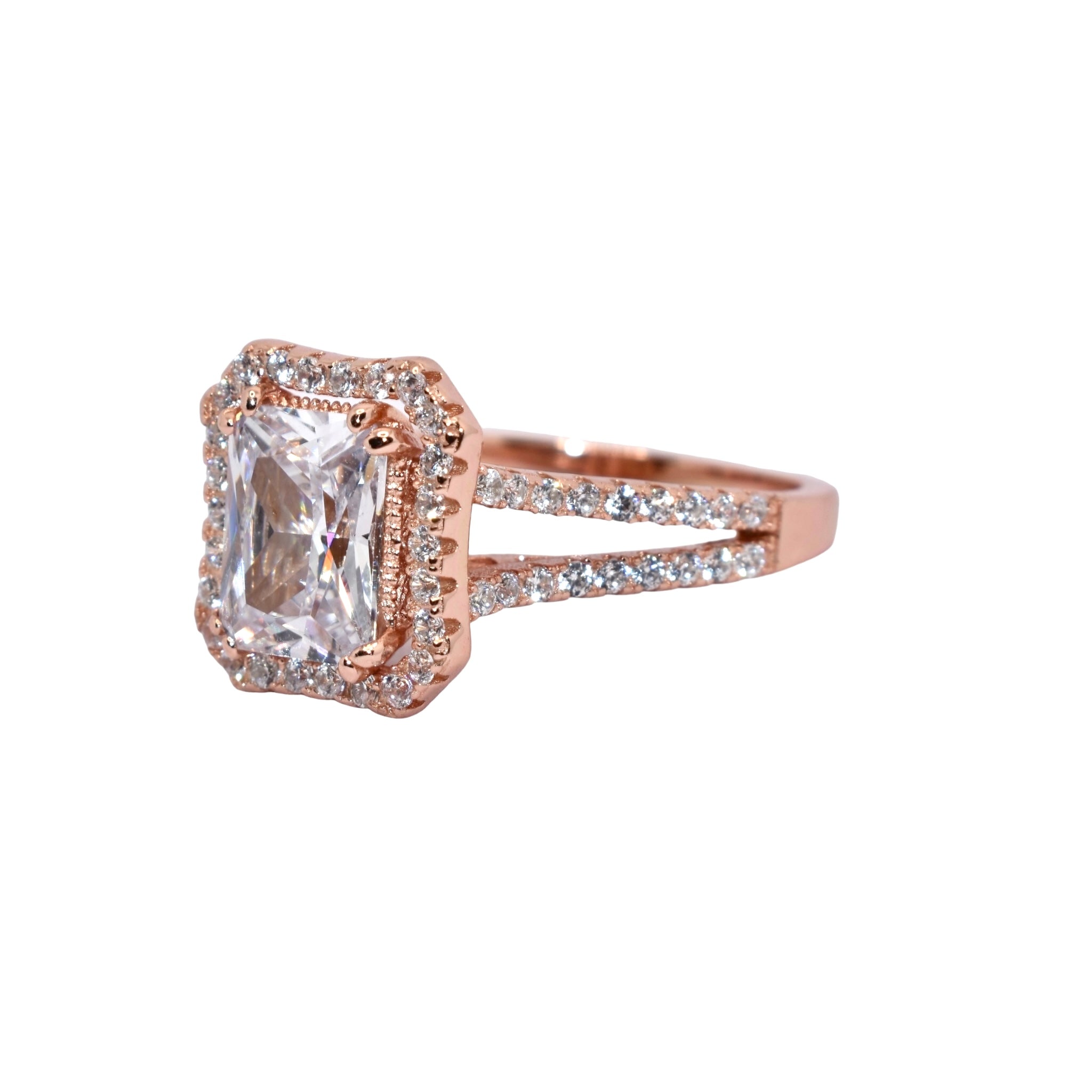 Rose Gold Halo Emerald Cut Ring