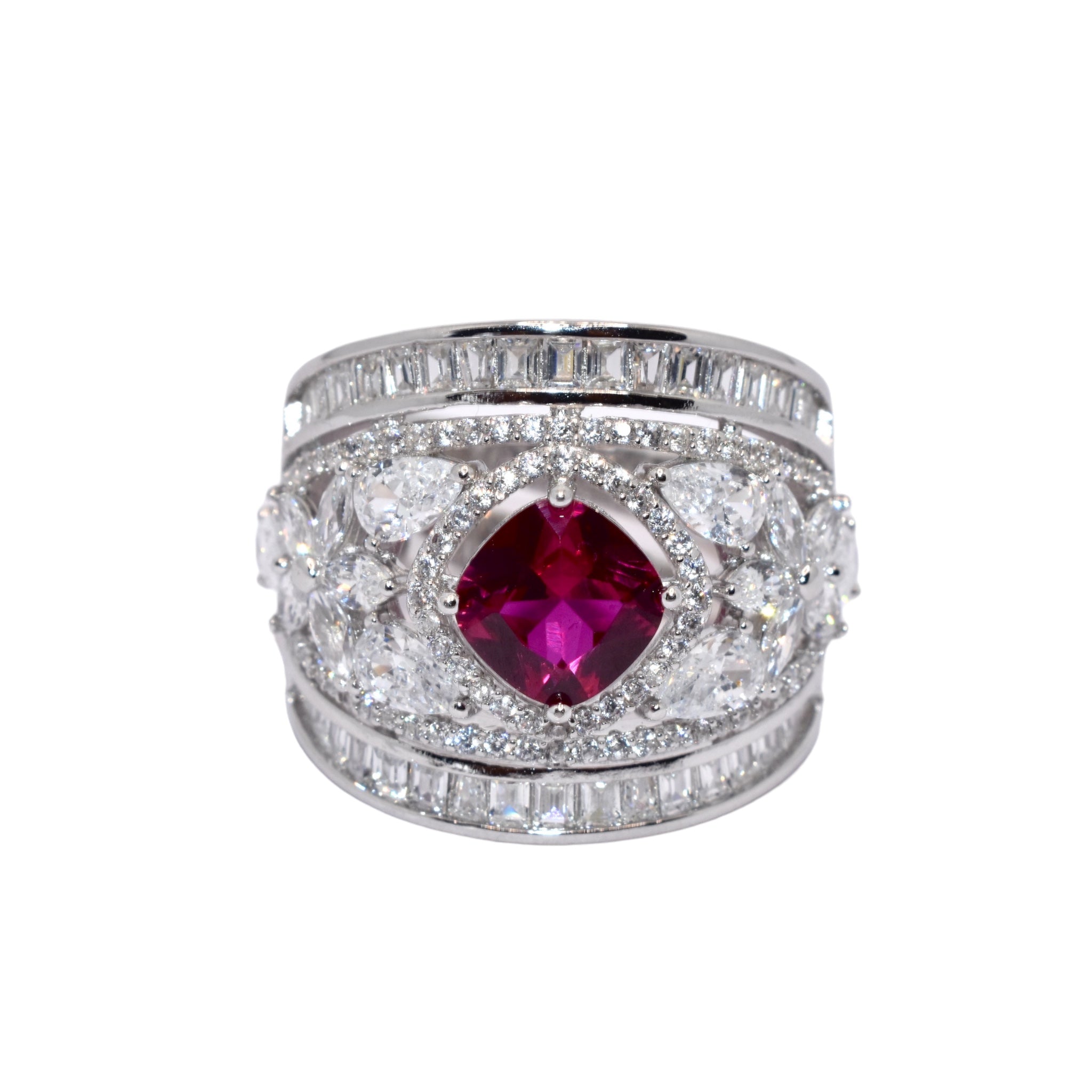 Ruby Coloured Cushion Cut Cocktail Ring