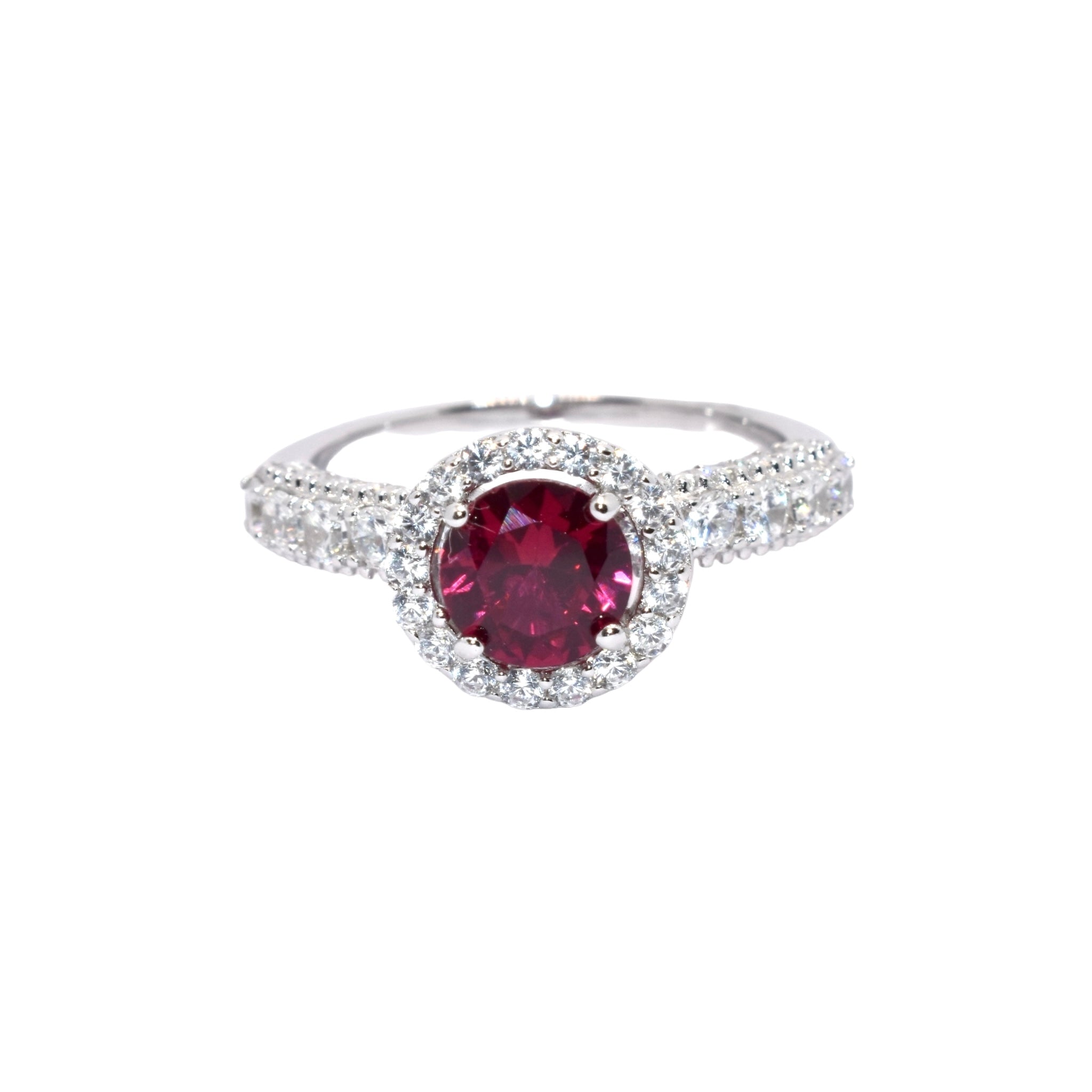 Halo Ruby Coloured Solitaire Ring