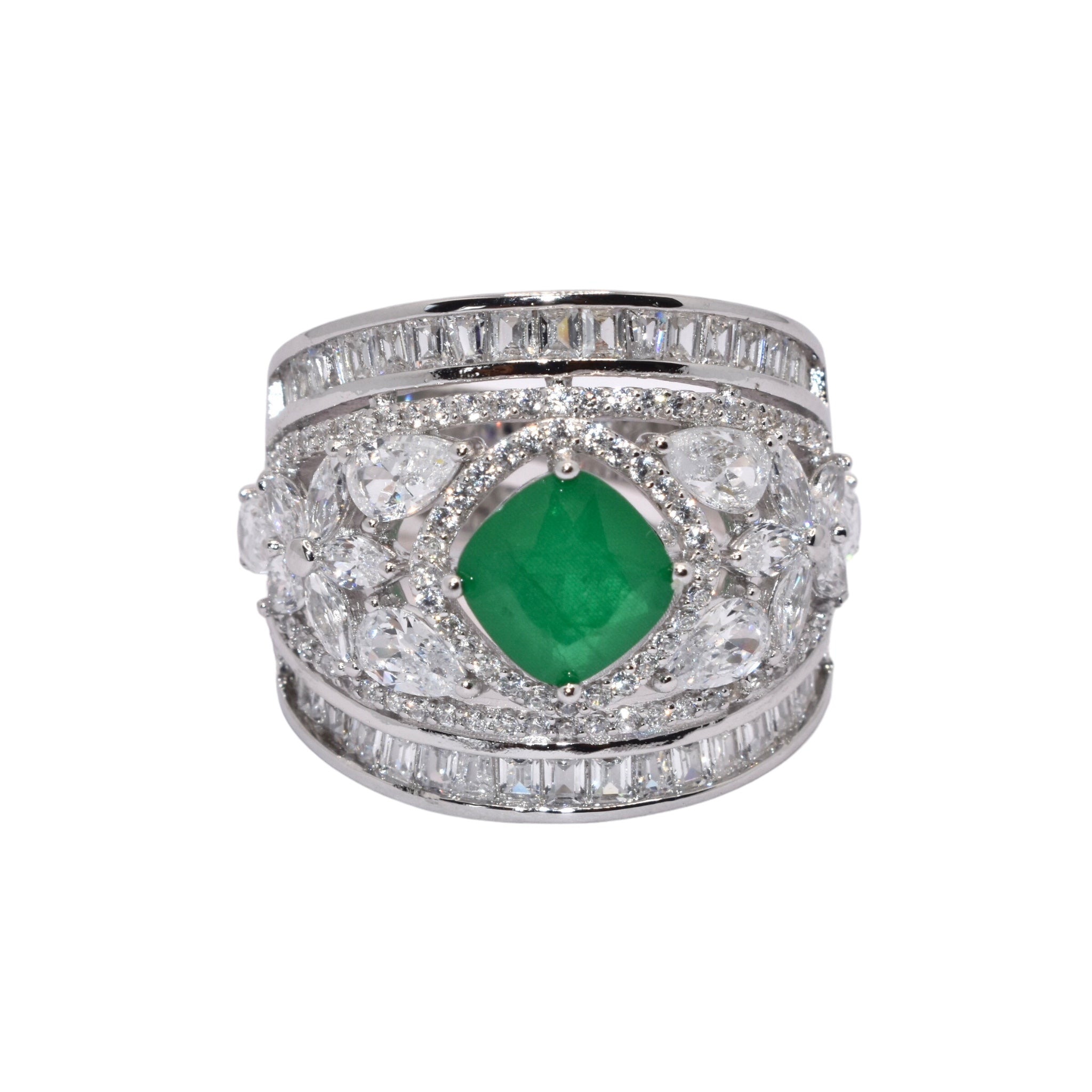 Emerald Coloured Cushion Cut Cocktail Ring