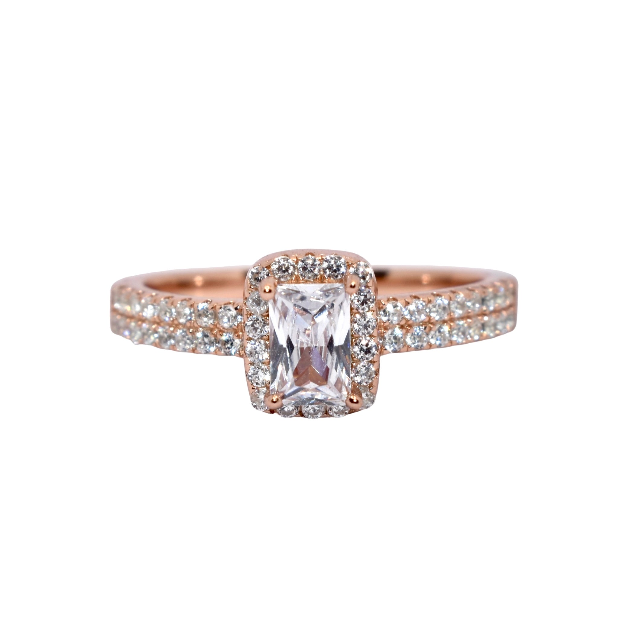 Rose Gold Halo Emerald Cut Ring