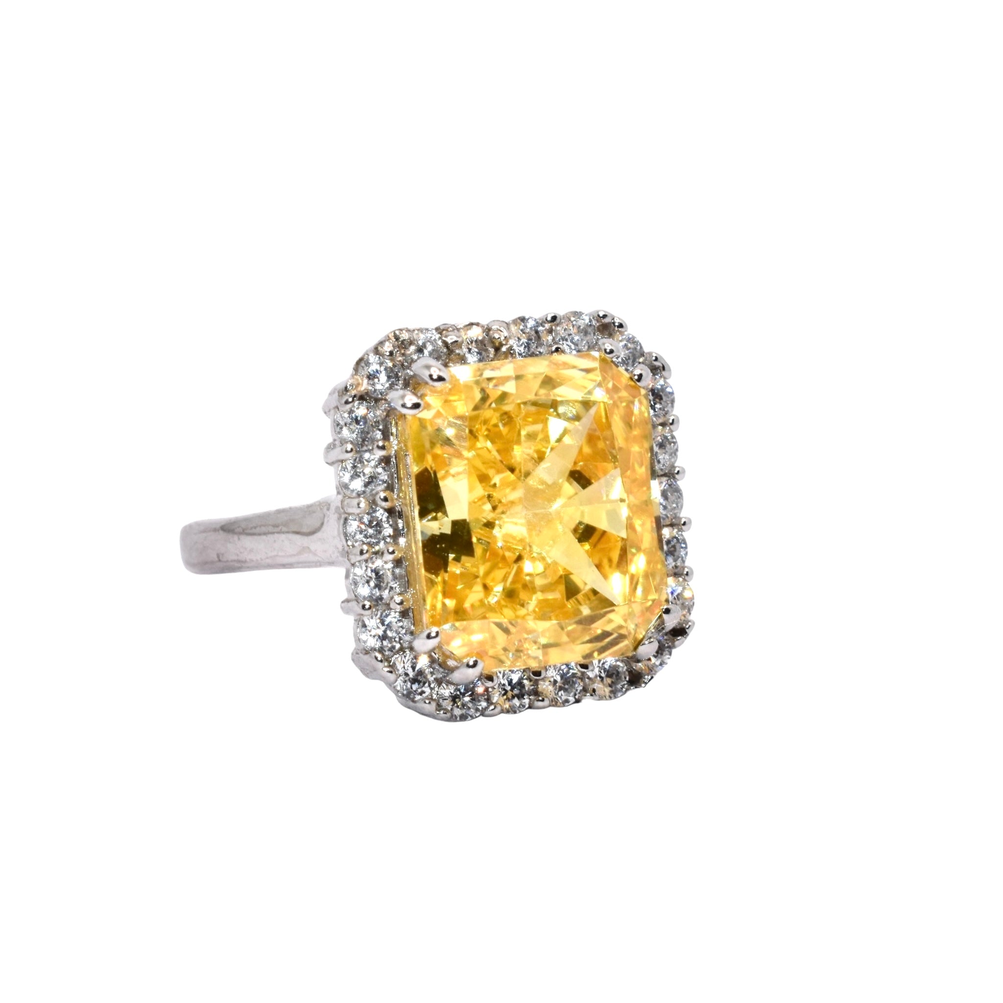 Halo Emerald Cut Yellow Ice Stone Ring