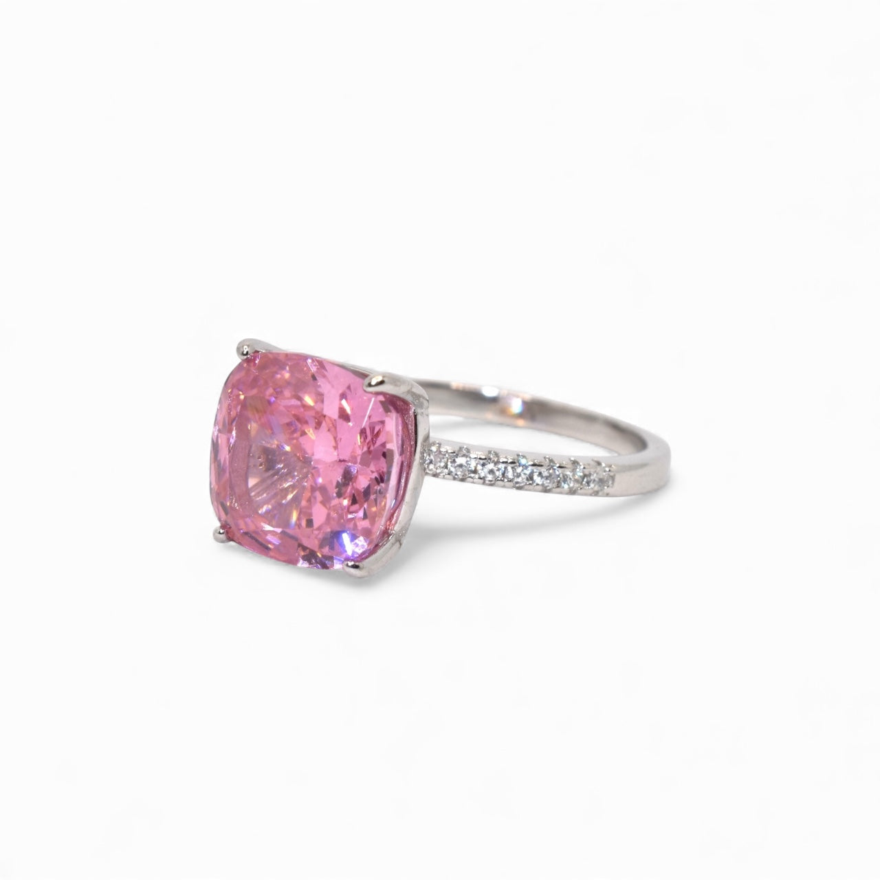 Pink Coloured Ice Stone Cushion Cut Ring