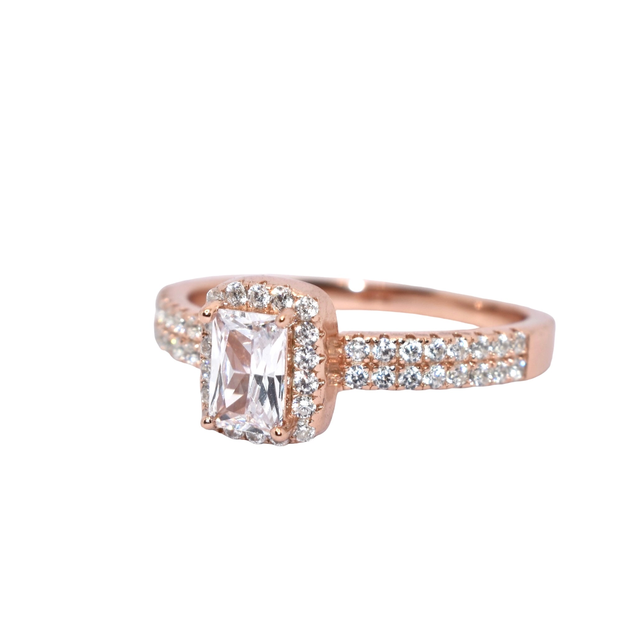 Rose Gold Halo Emerald Cut Ring