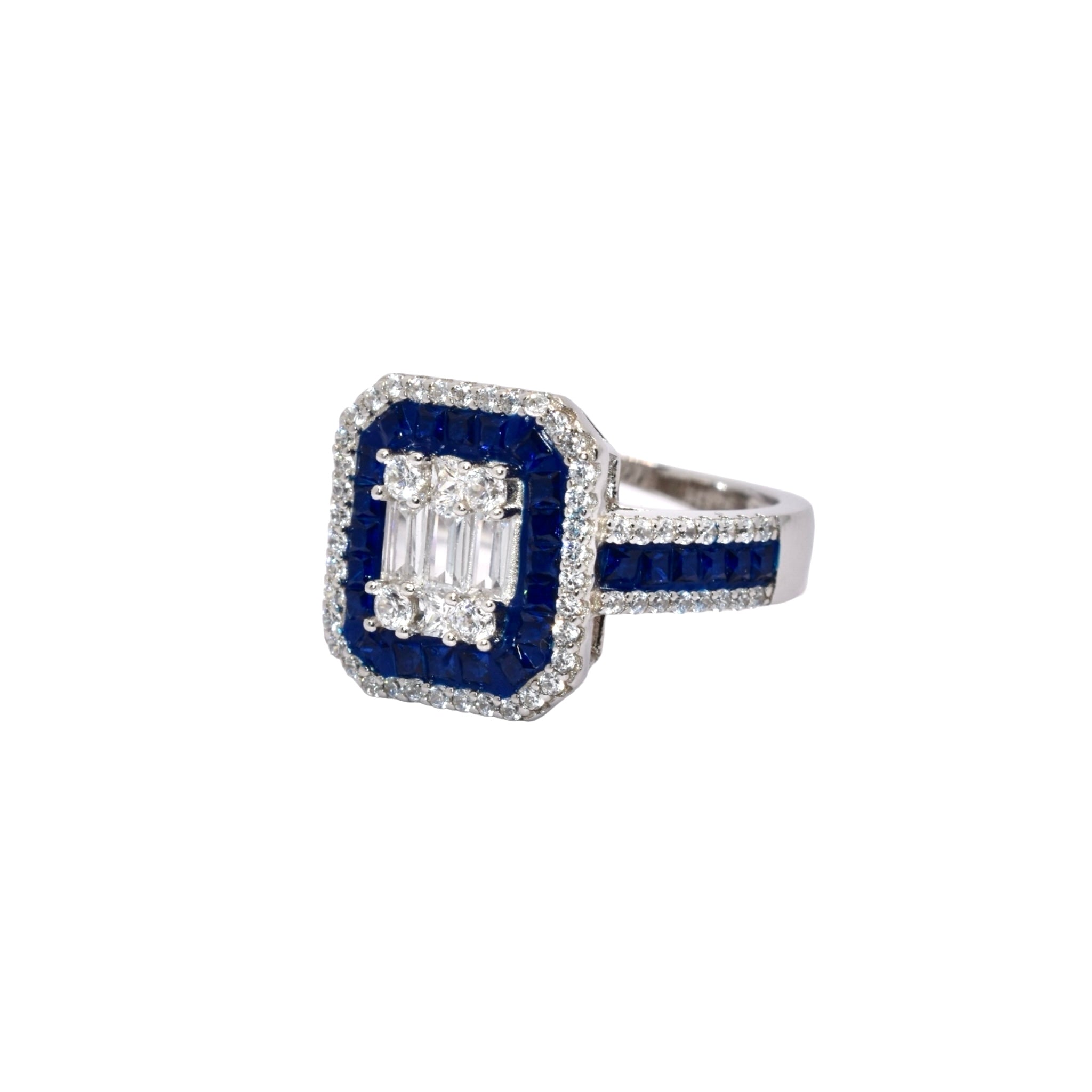 Double Halo Sapphire Coloured  Emerald Cut Ring