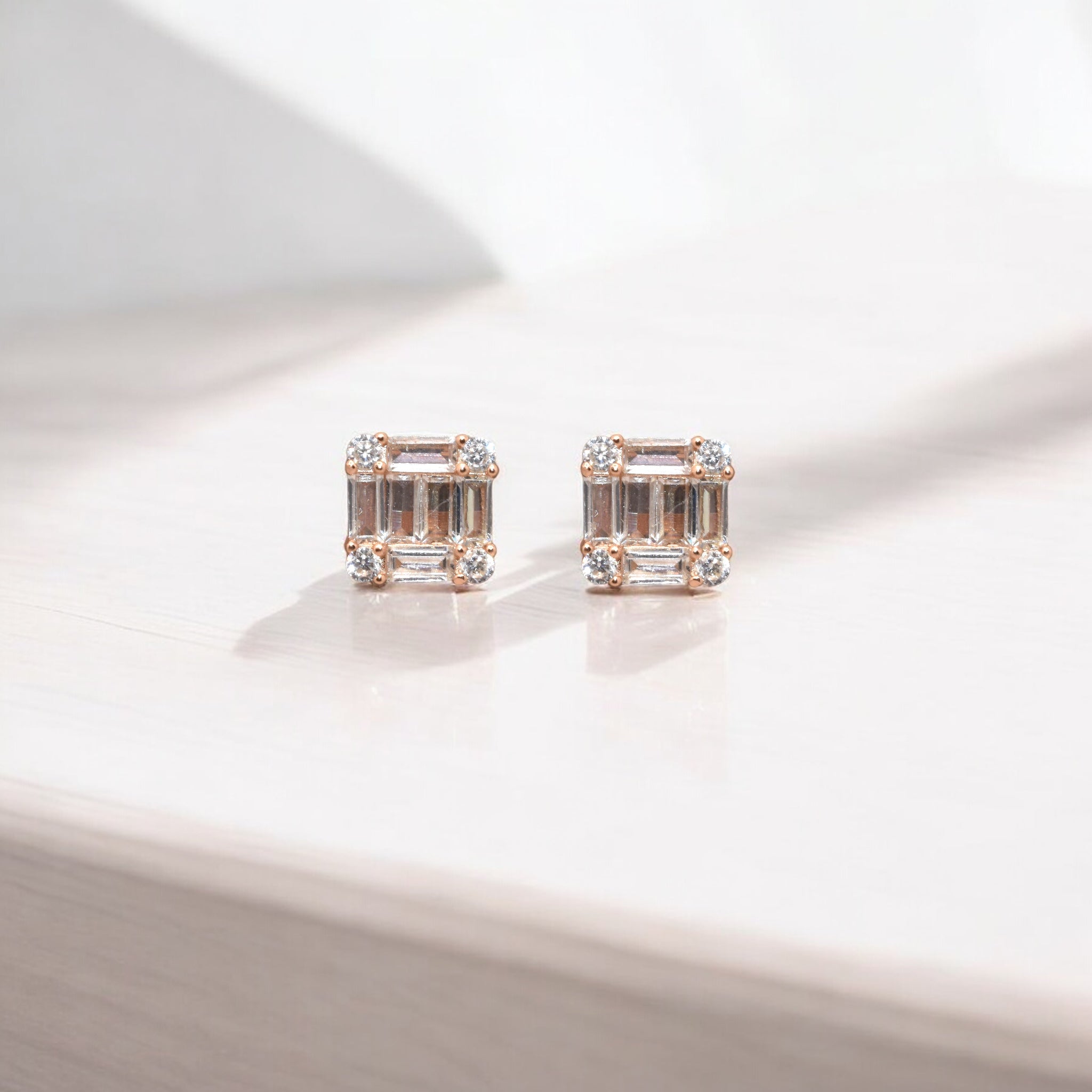 Rose Gold Cushion Cut Baguette Studs