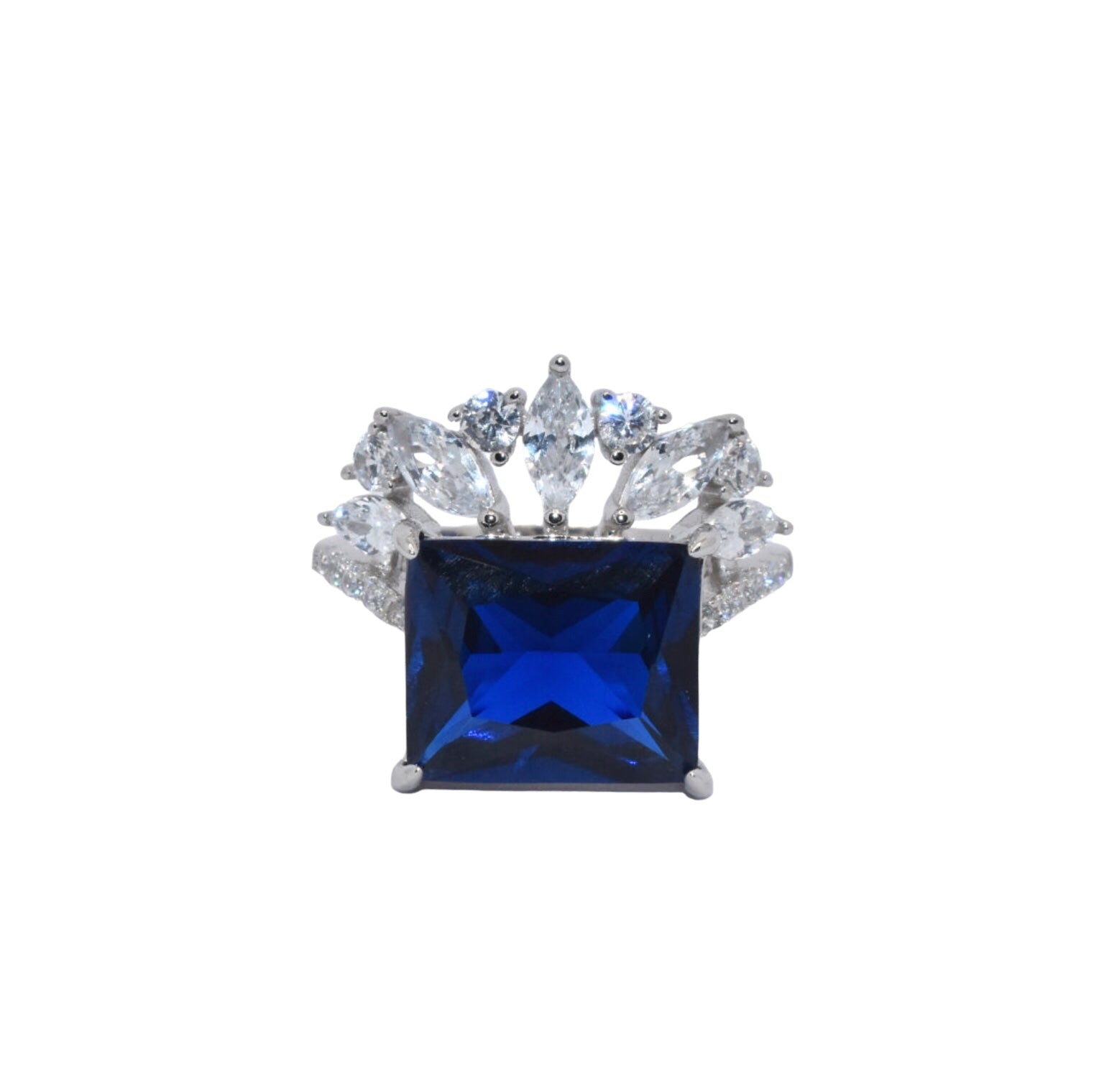 Sapphire Coloured Emerald Cut Crown Ring