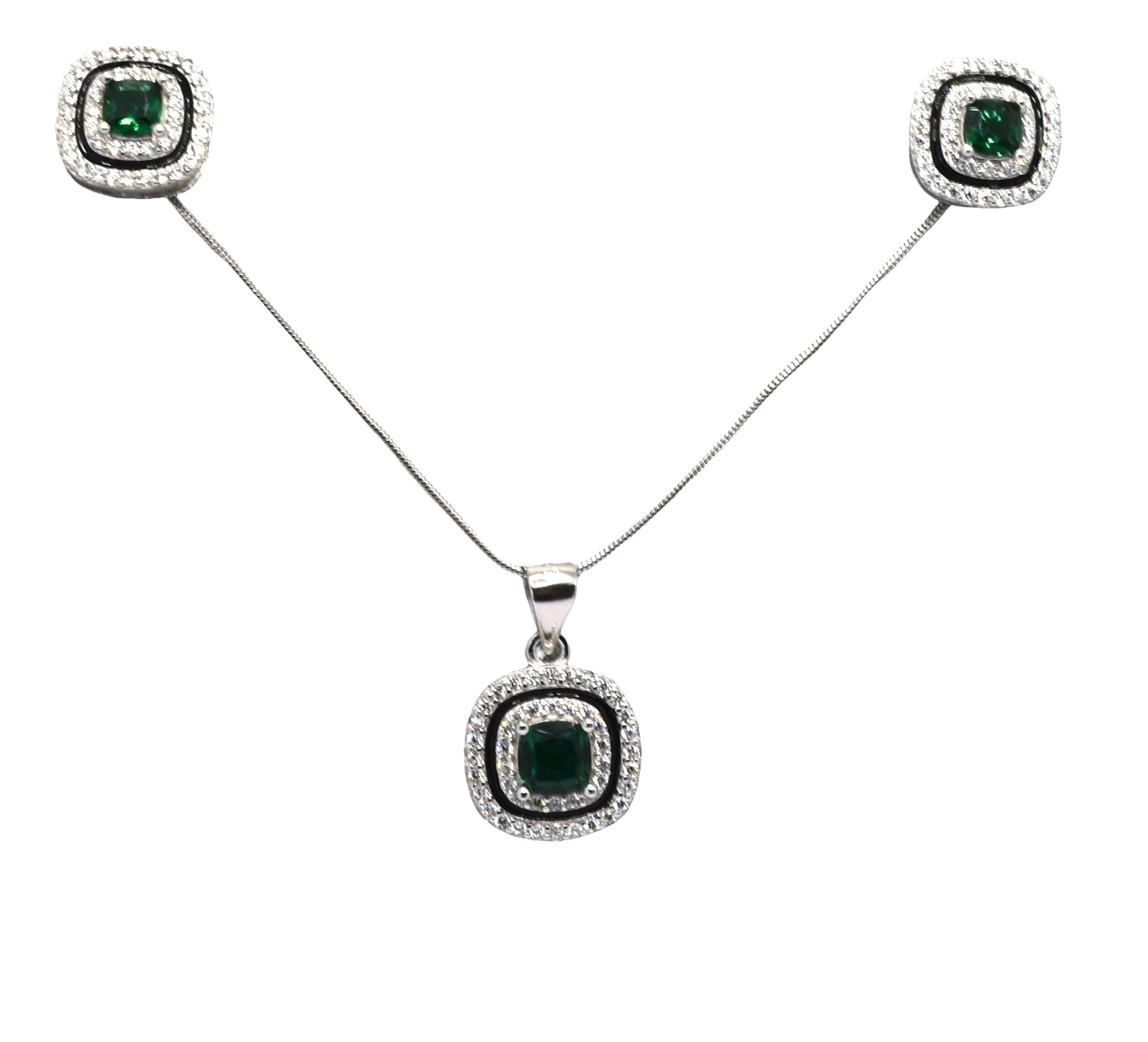 Halo Emerald Coloured Cushion Cut Necklace With Earring