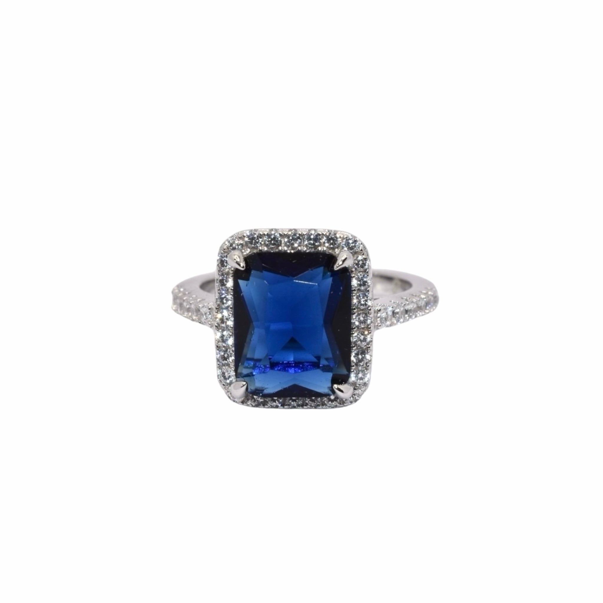 Sapphire Coloured Emerald Cut Ring