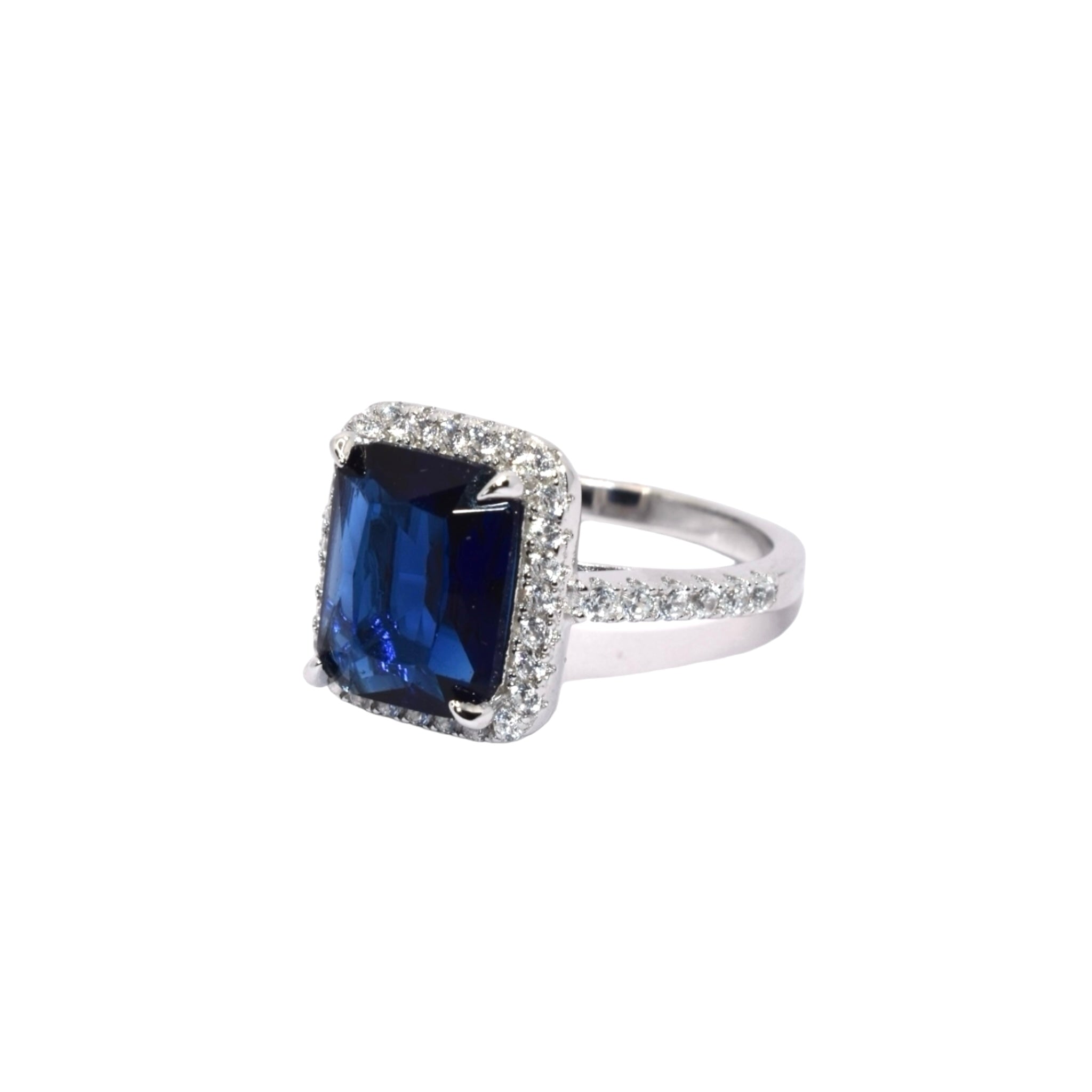 Sapphire Coloured Emerald Cut Ring