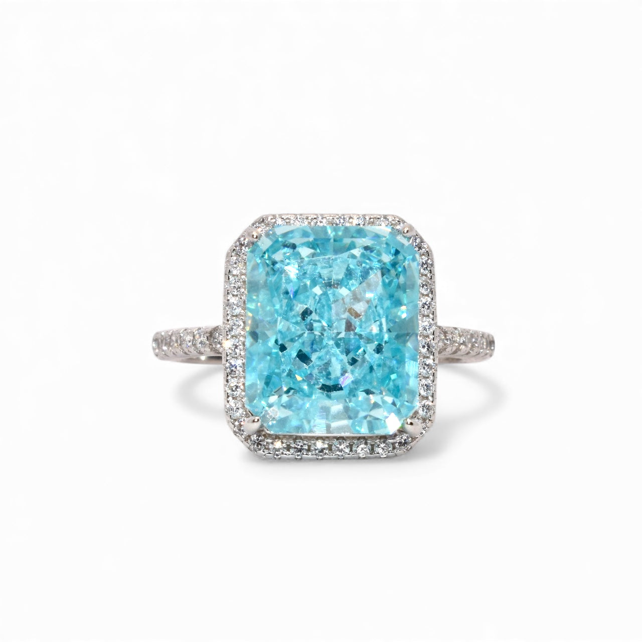 Halo Light Aquamarine Coloured Emerald Cut Ice Stone Ring
