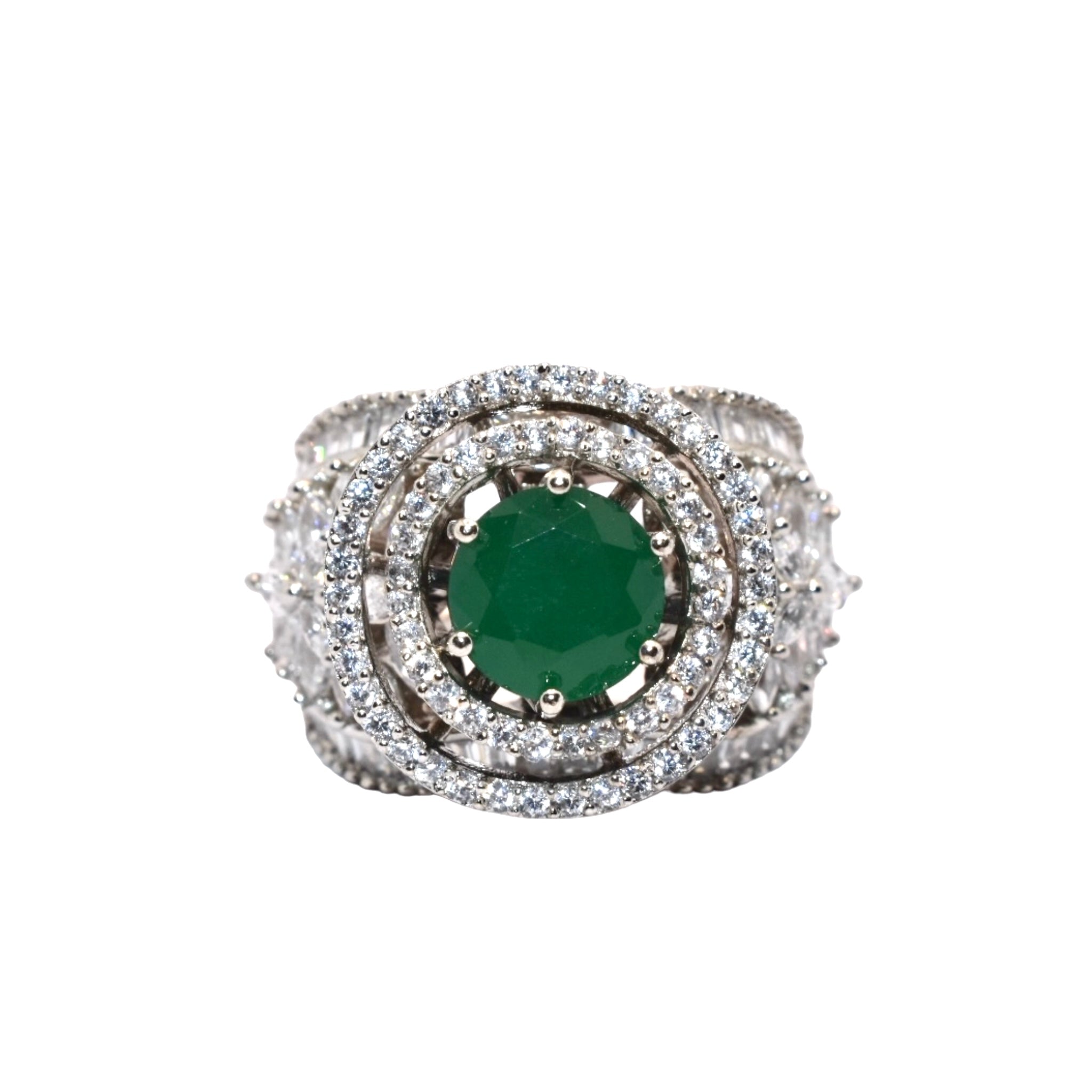 Double Halo Emerald Coloured Cocktail Ring