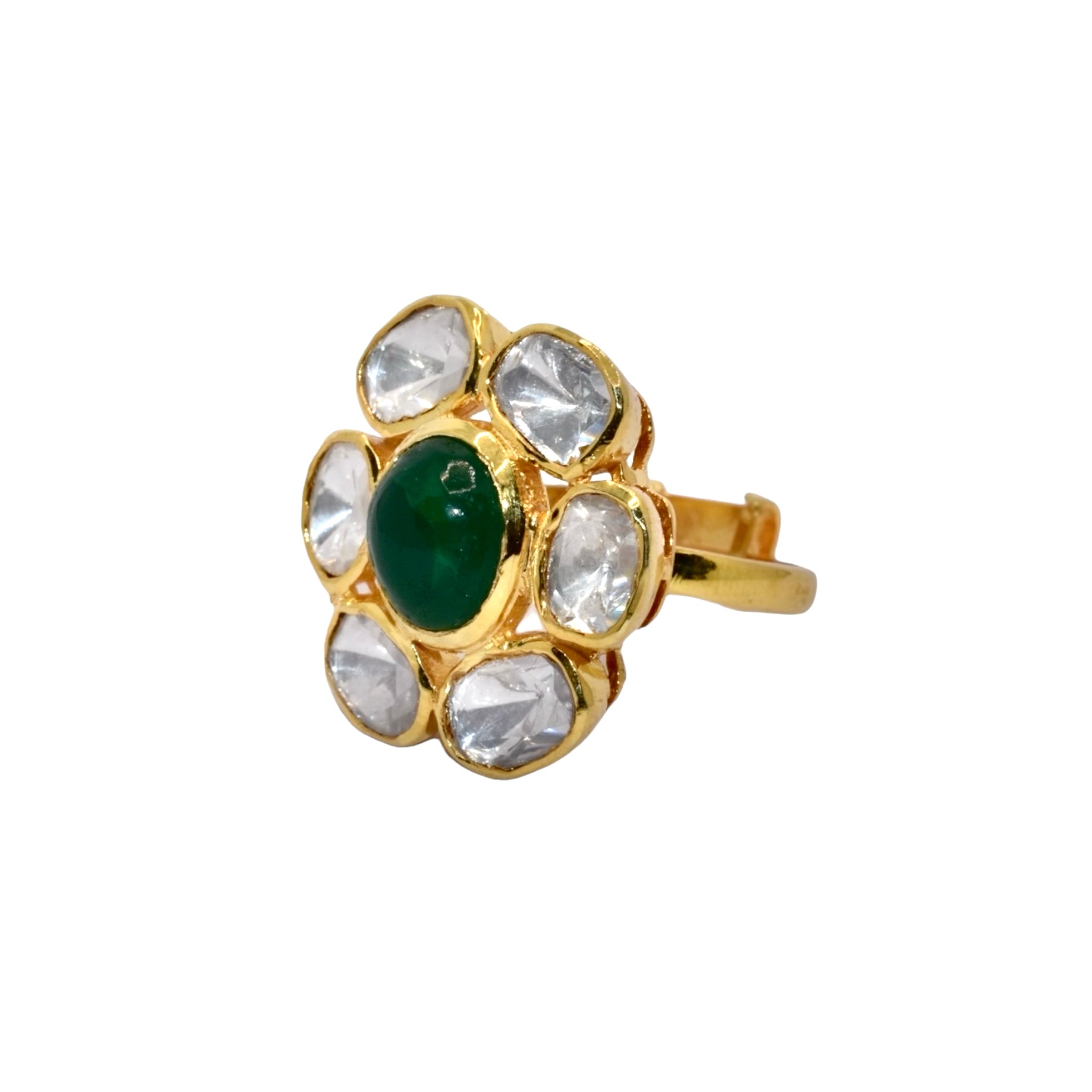 Adjustable Moissanite Gold Plated Emerald Coloured Ring