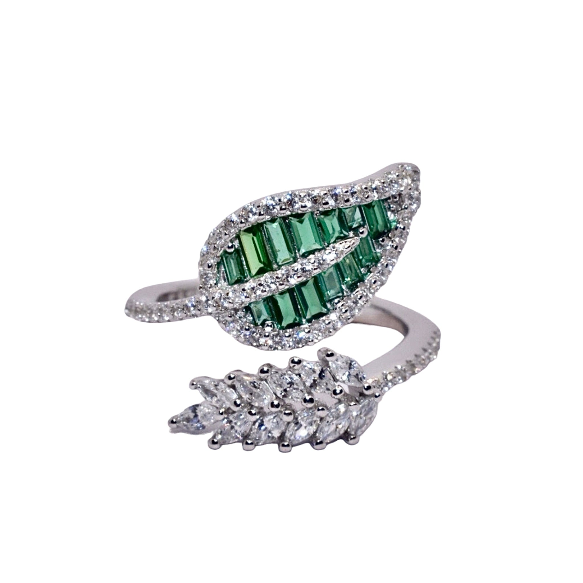 Emerald Coloured Adjustable Leaf Ring