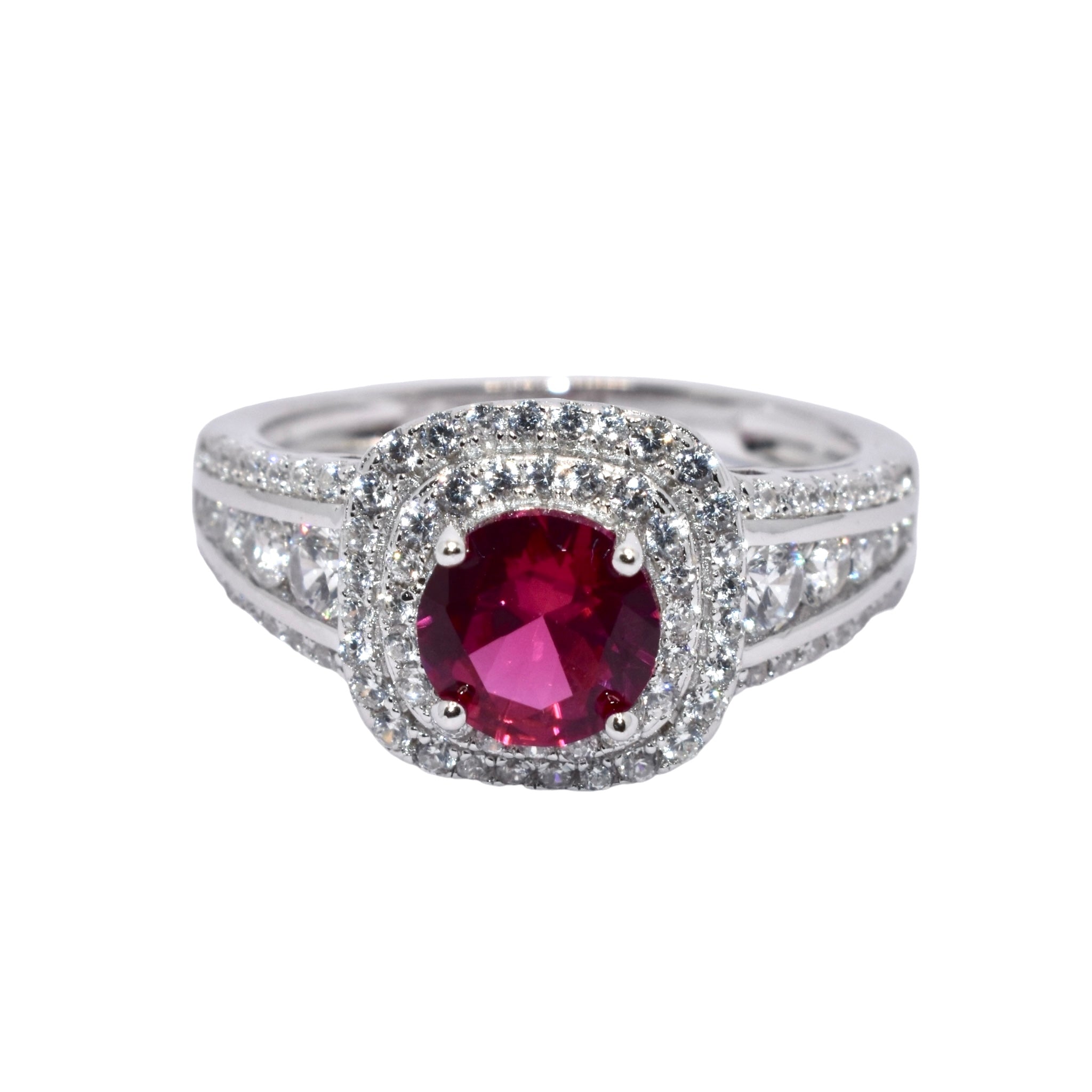 Double Halo Ruby Coloured Solitaire Ring