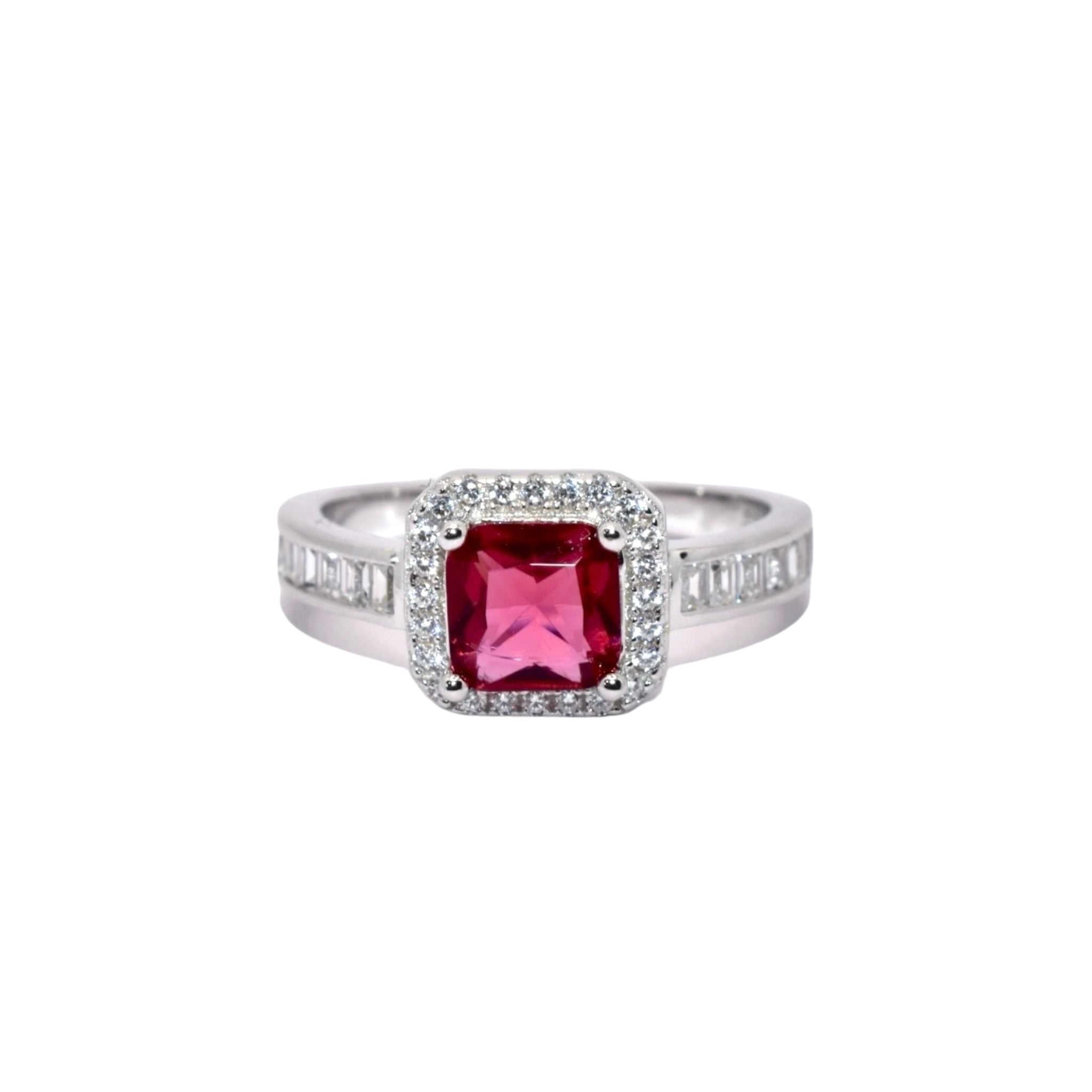 Ruby Coloured Cushion Cut Ring