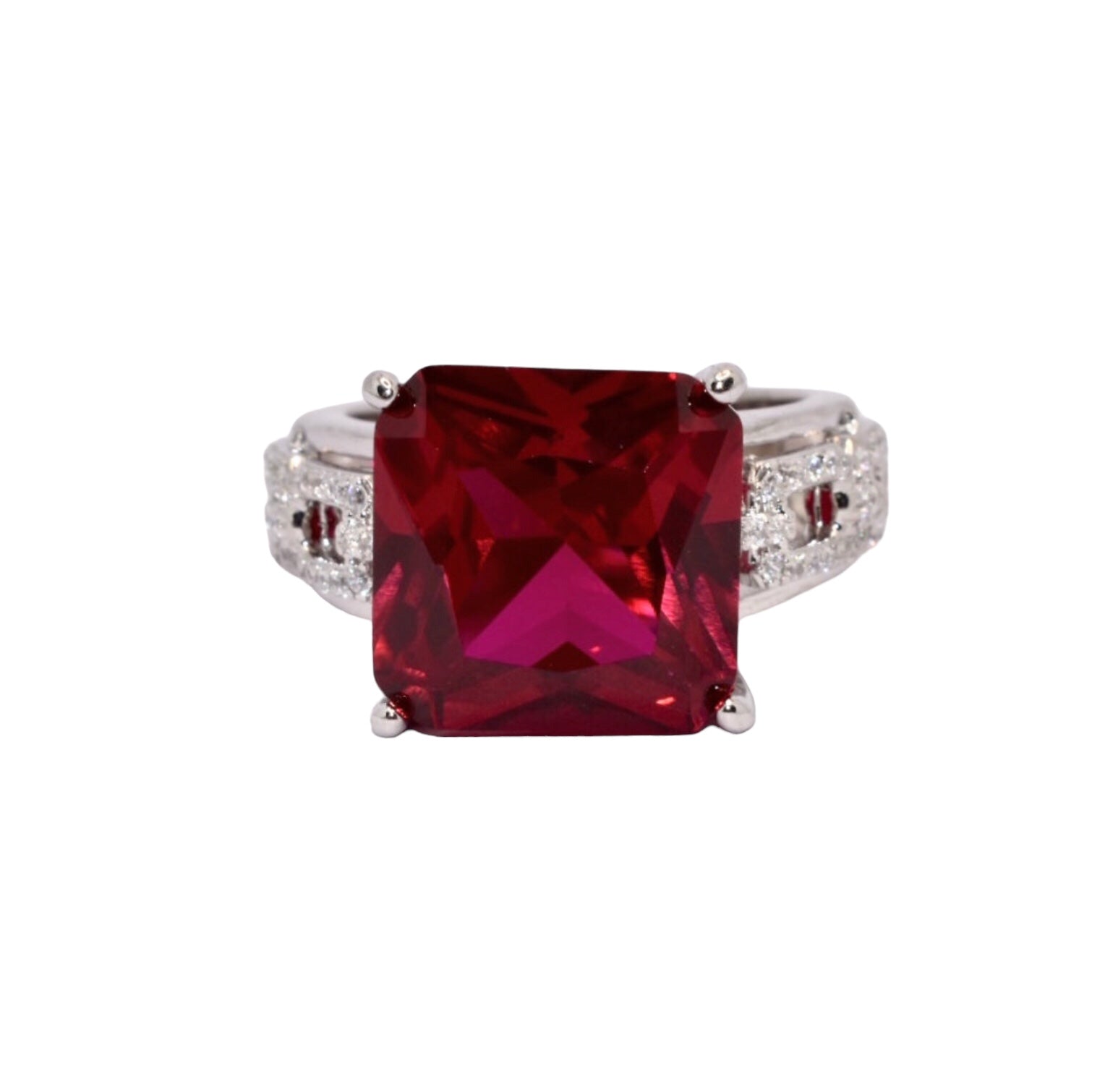 Ruby Coloured Cushion Cut Ring