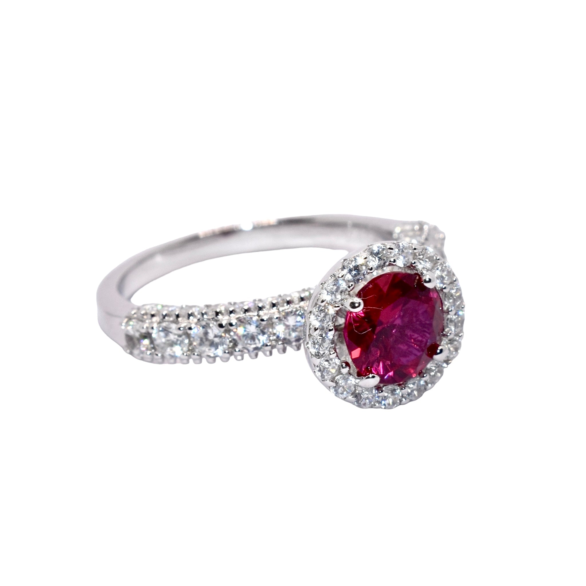 Halo Ruby Coloured Solitaire Ring